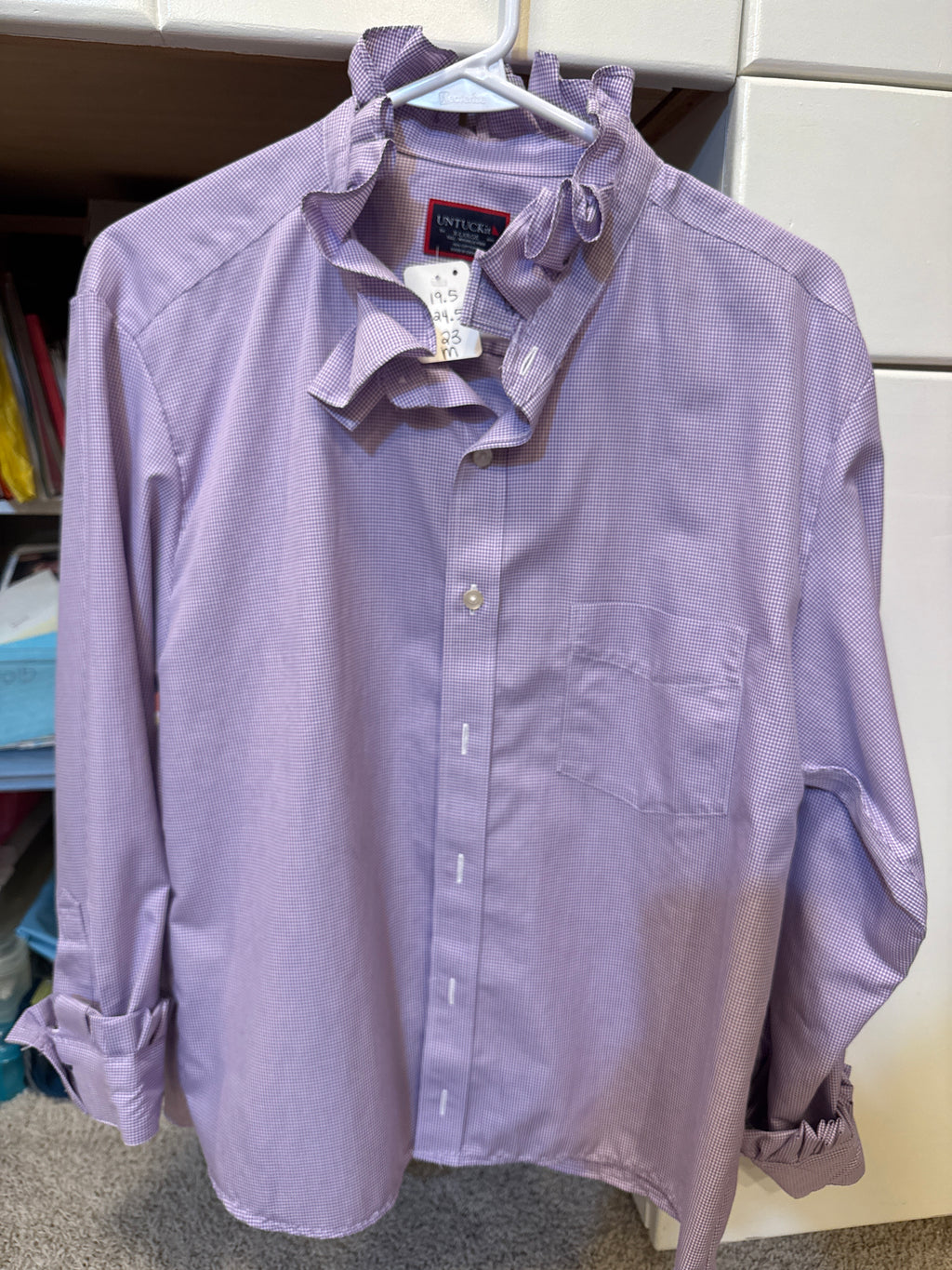 Lorainne - Untuck It Mens Upcycled Ruffle Collar and Sleeve Shirt - Lavendar Plaid - Size Medium