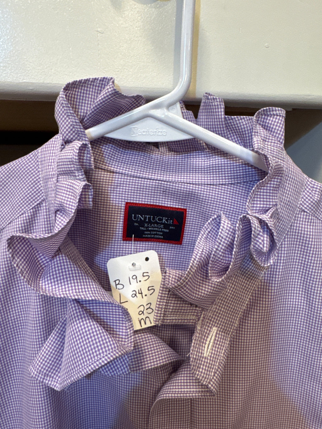 Lorainne - Untuck It Mens Upcycled Ruffle Collar and Sleeve Shirt - Lavendar Plaid - Size Medium