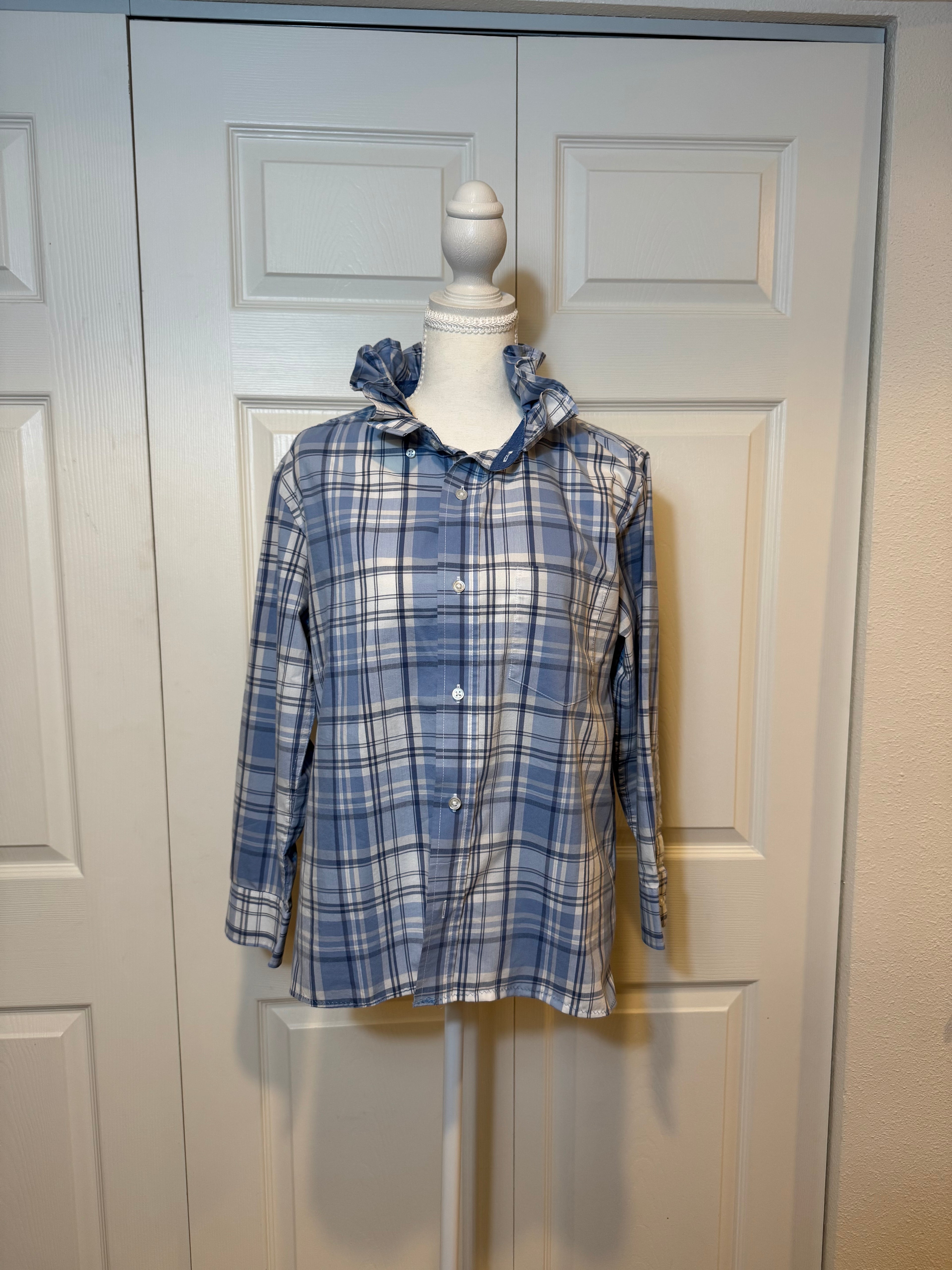 Stevie - Mens Upcycled Ruffle Shirt - Light Blue Plaid - size Medium
