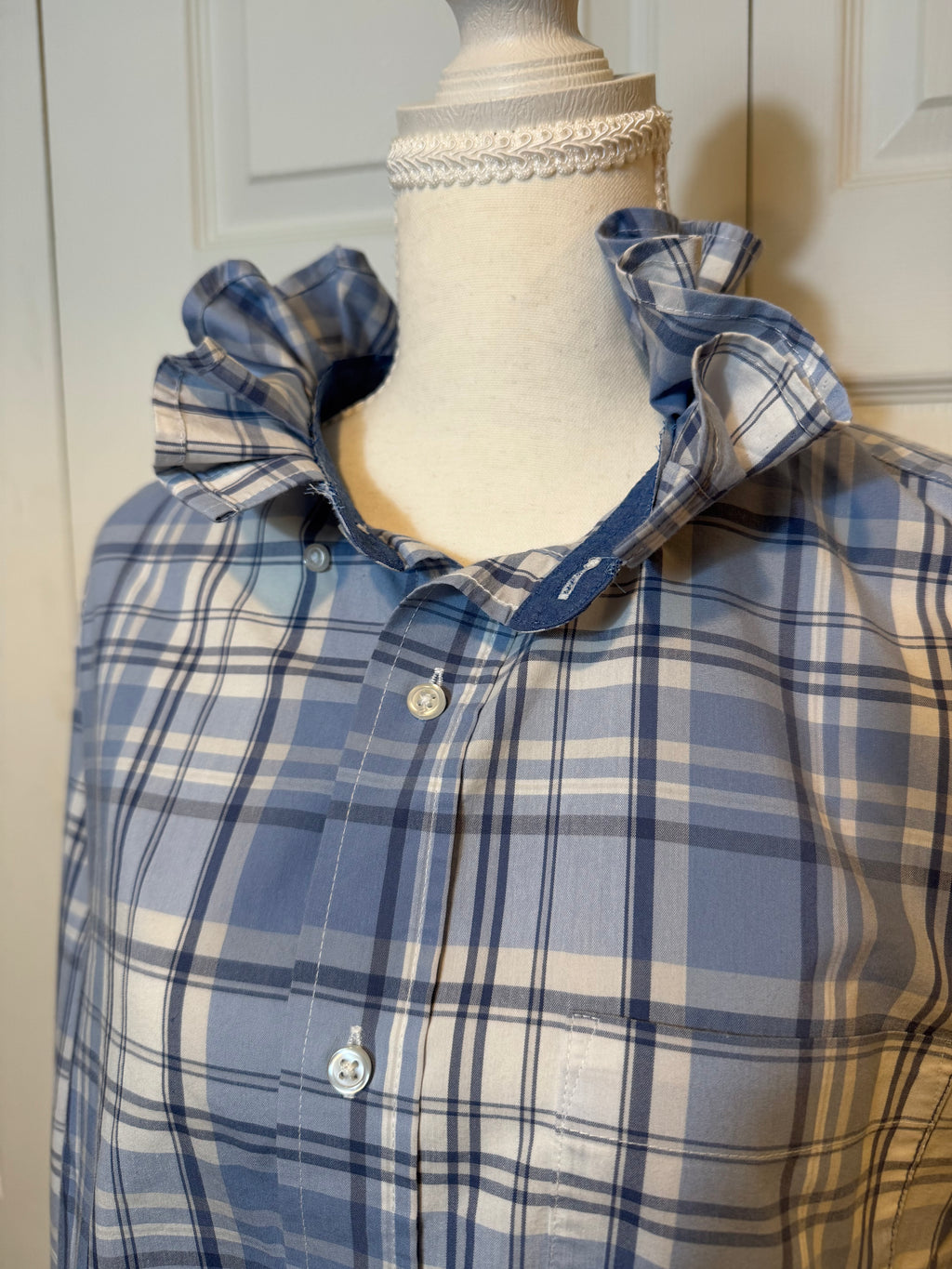Stevie - Mens Upcycled Ruffle Shirt - Light Blue Plaid - size Medium