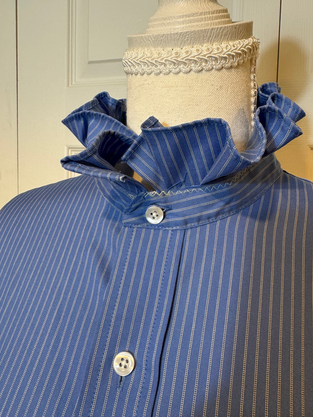 SOLD Tatum - Croft & Barrow Mens Upcycled Ruffle Shirt - Blue Pinstripes size Medium
