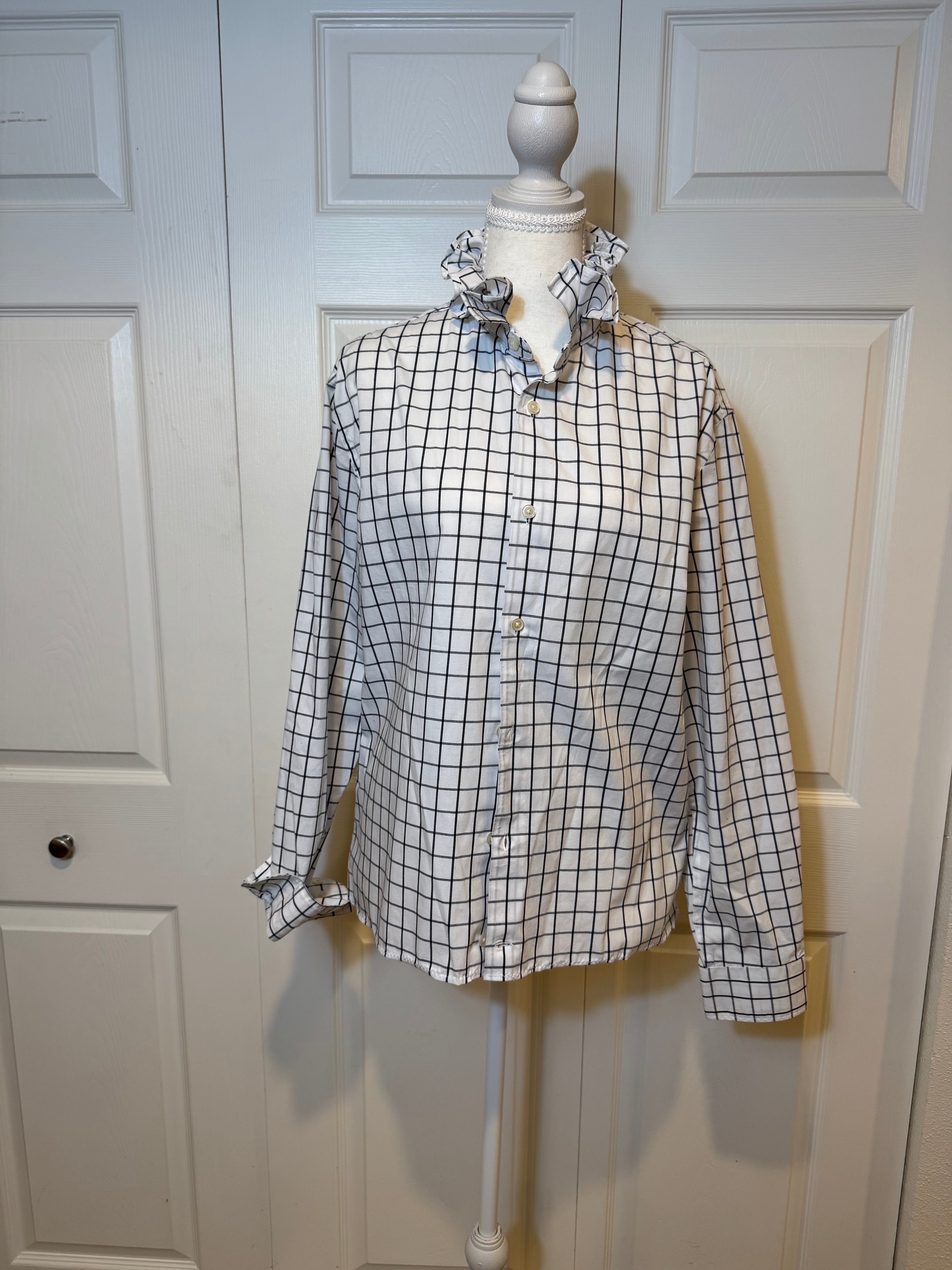 SOLD Karrie - Banana Republic Mens Upcycled Ruffle Shirt, White with Black Grids size Medium/Large