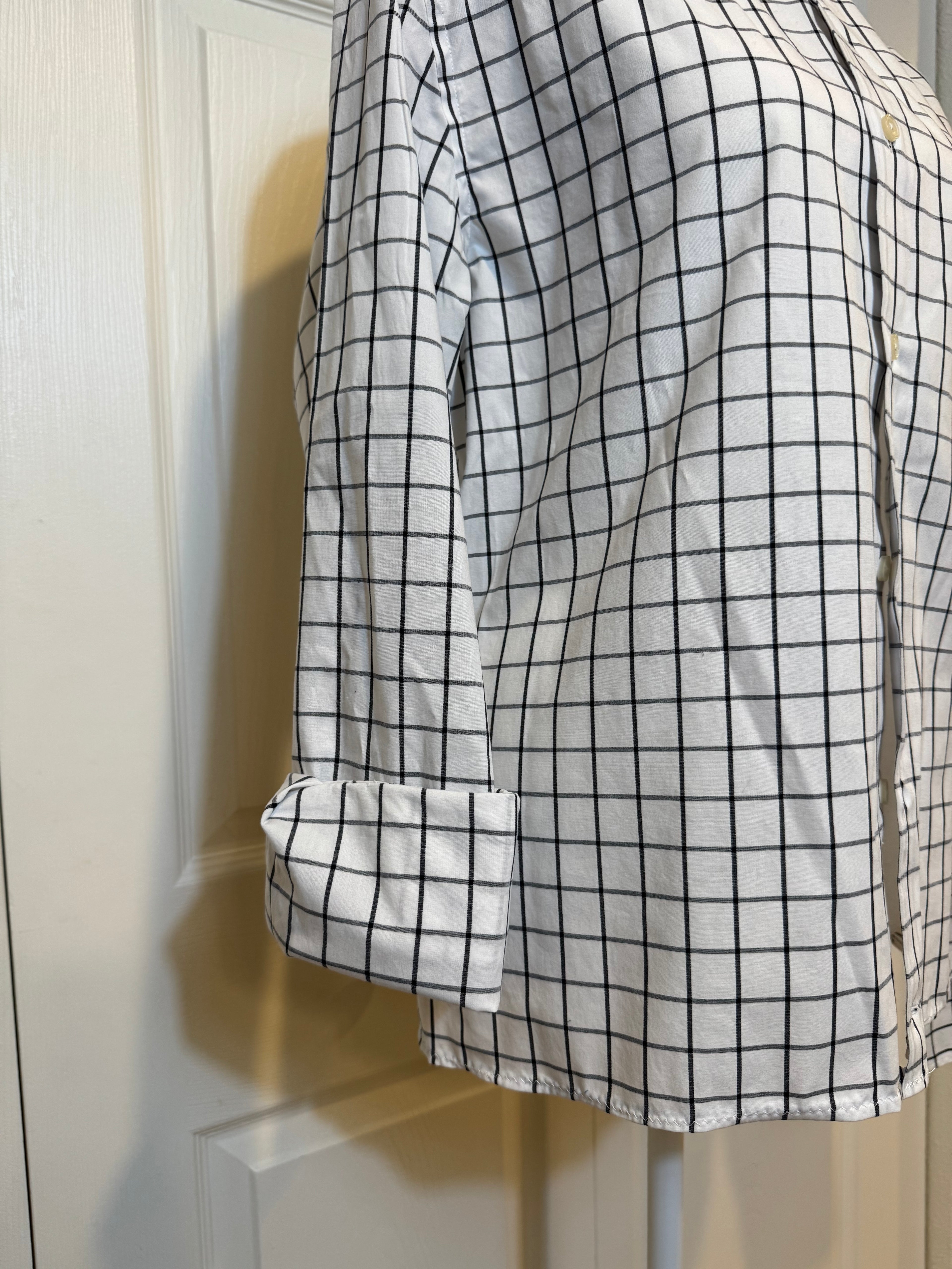 SOLD Karrie - Banana Republic Mens Upcycled Ruffle Shirt, White with Black Grids size Medium/Large