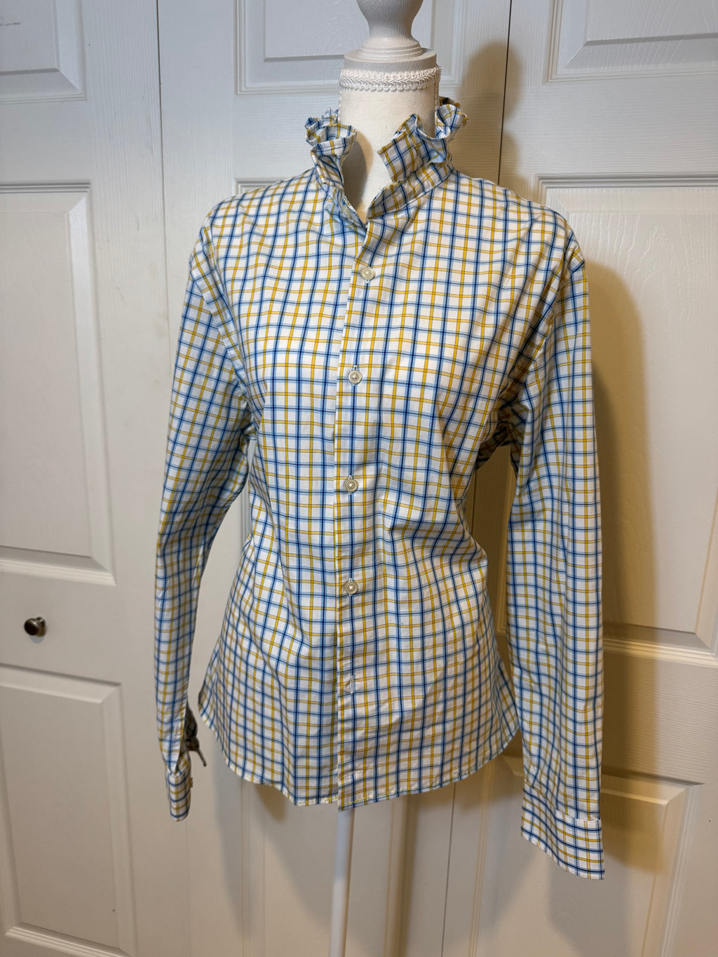 SOLD Courtney - Banana Republic Mens Upcycled Ruffle Shirt yellow and blue plaid - M/L