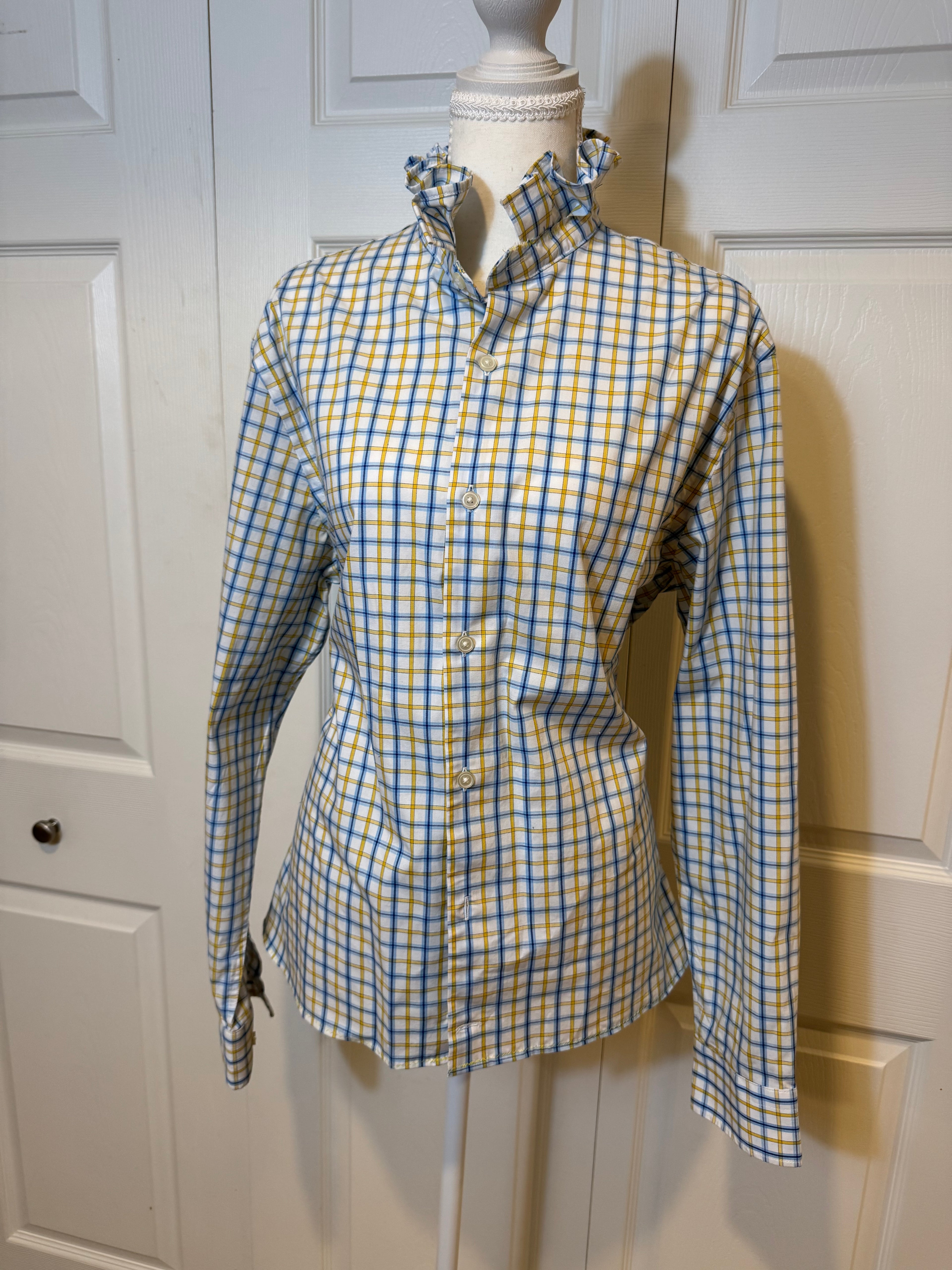SOLD Courtney - Banana Republic Mens Upcycled Ruffle Shirt yellow and blue plaid - M/L