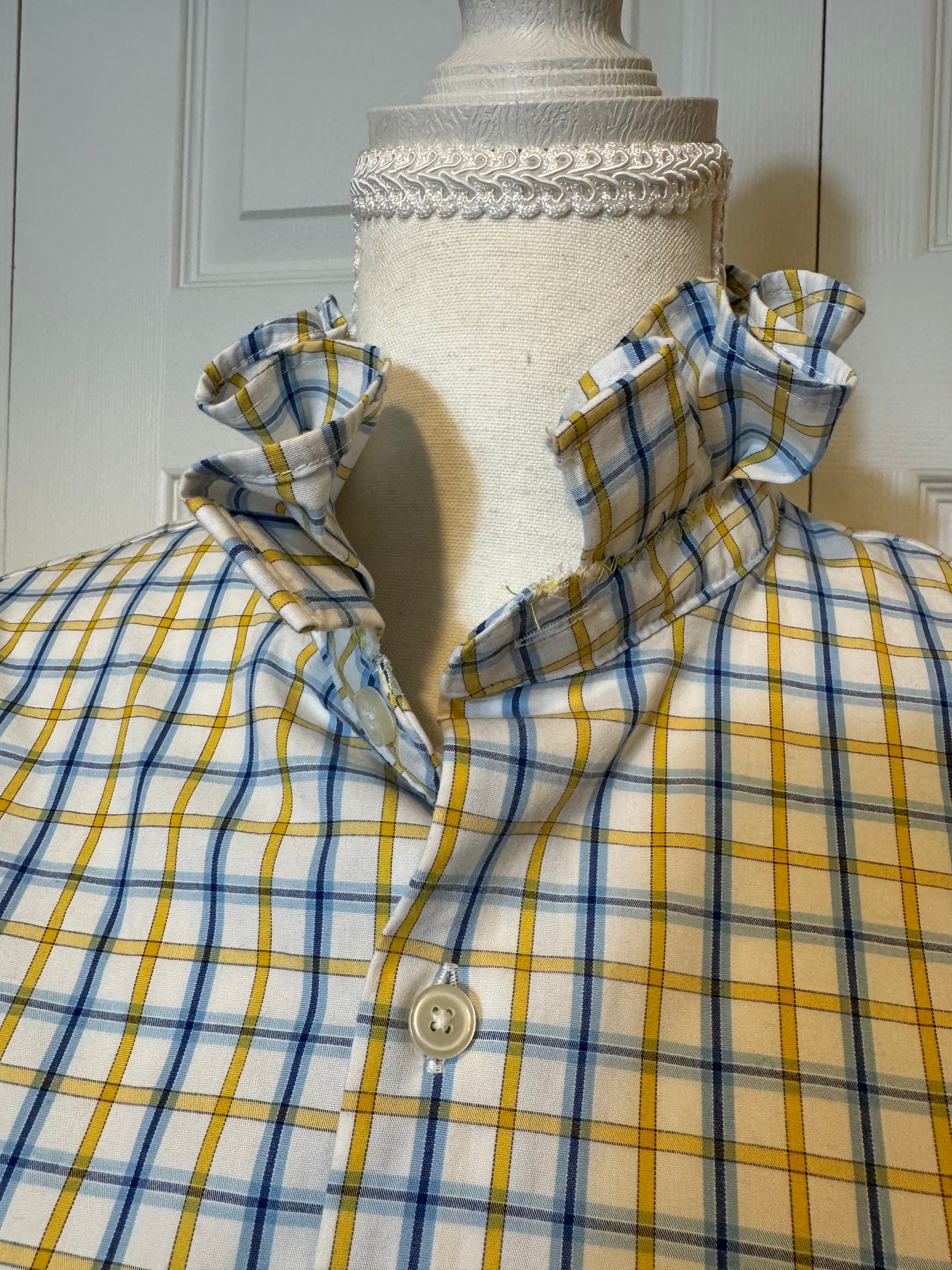 SOLD Courtney - Banana Republic Mens Upcycled Ruffle Shirt yellow and blue plaid - M/L