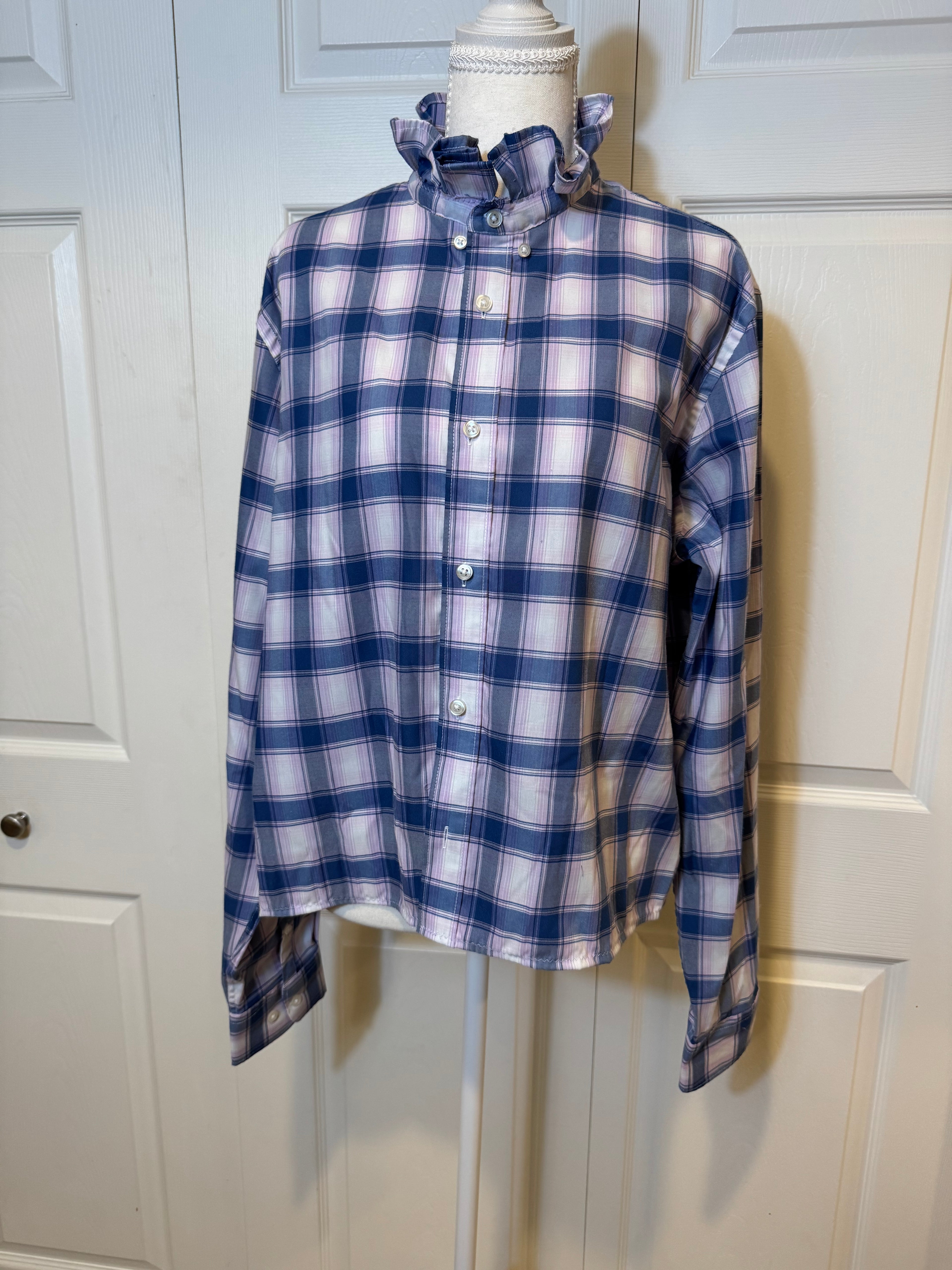 Savannah - George Mens Upcycled Ruffle Shirt Lavender and Navy Plaid Extra Large