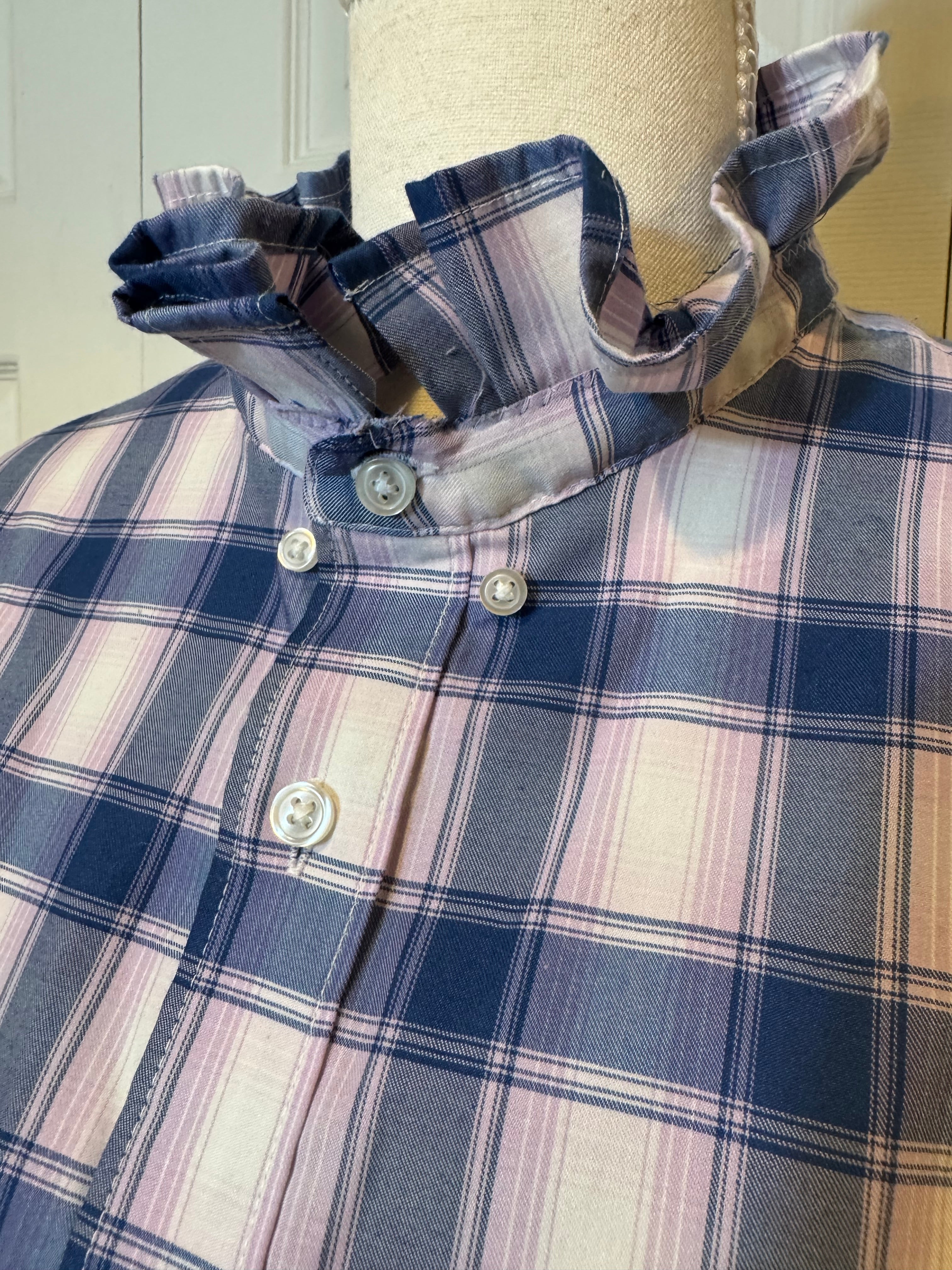 Savannah - George Mens Upcycled Ruffle Shirt Lavender and Navy Plaid Extra Large