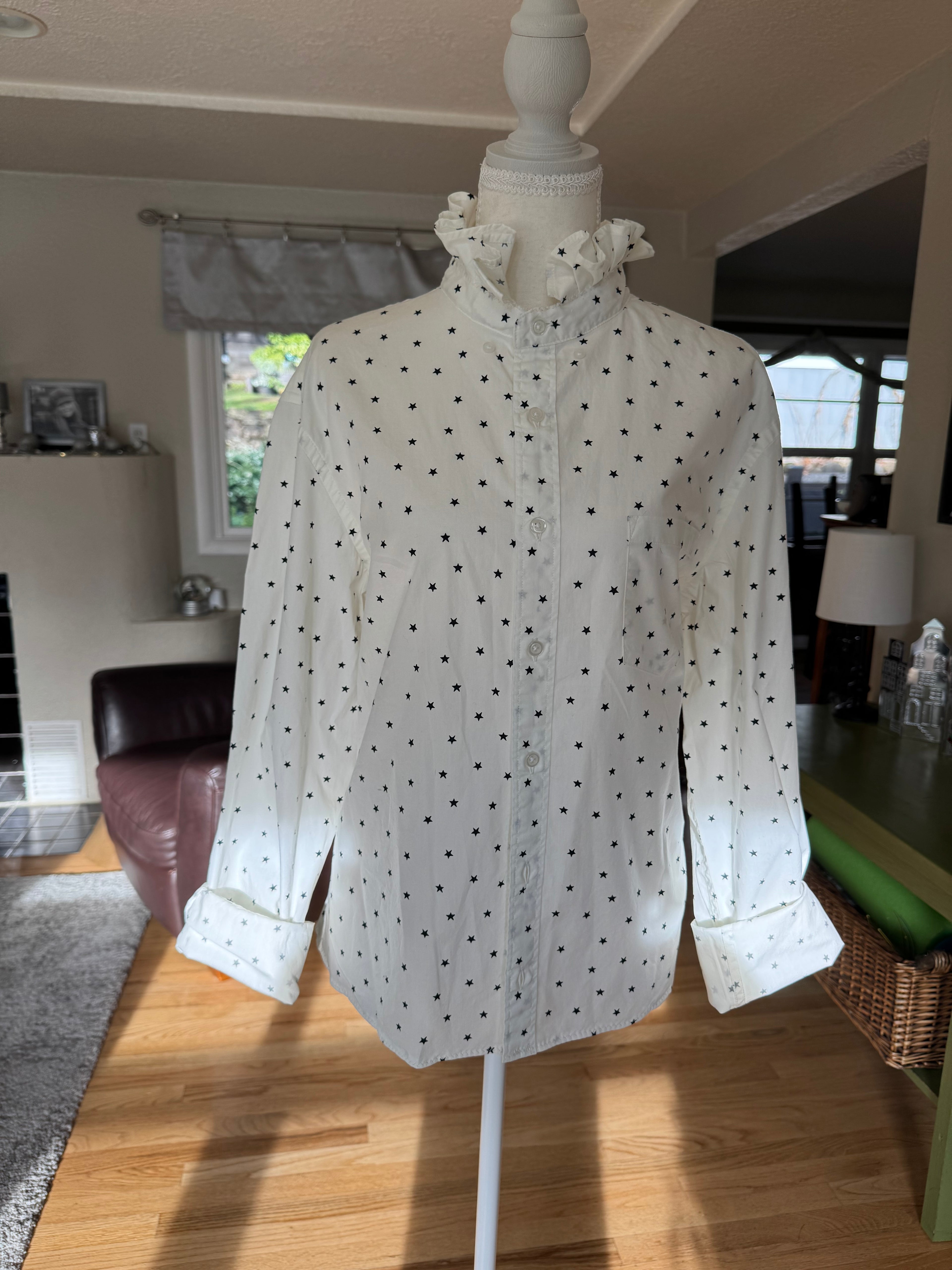 SOLD Carly - J Crew Upcycled Mens Ruffle Shirt -Cream with Black Stars - size M/L