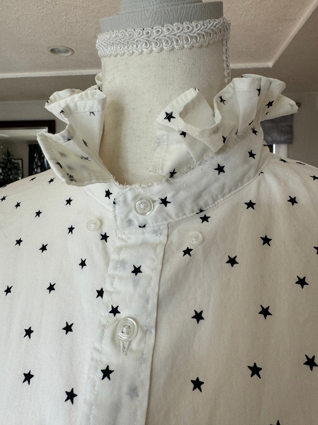SOLD Carly - J Crew Upcycled Mens Ruffle Shirt -Cream with Black Stars - size M/L