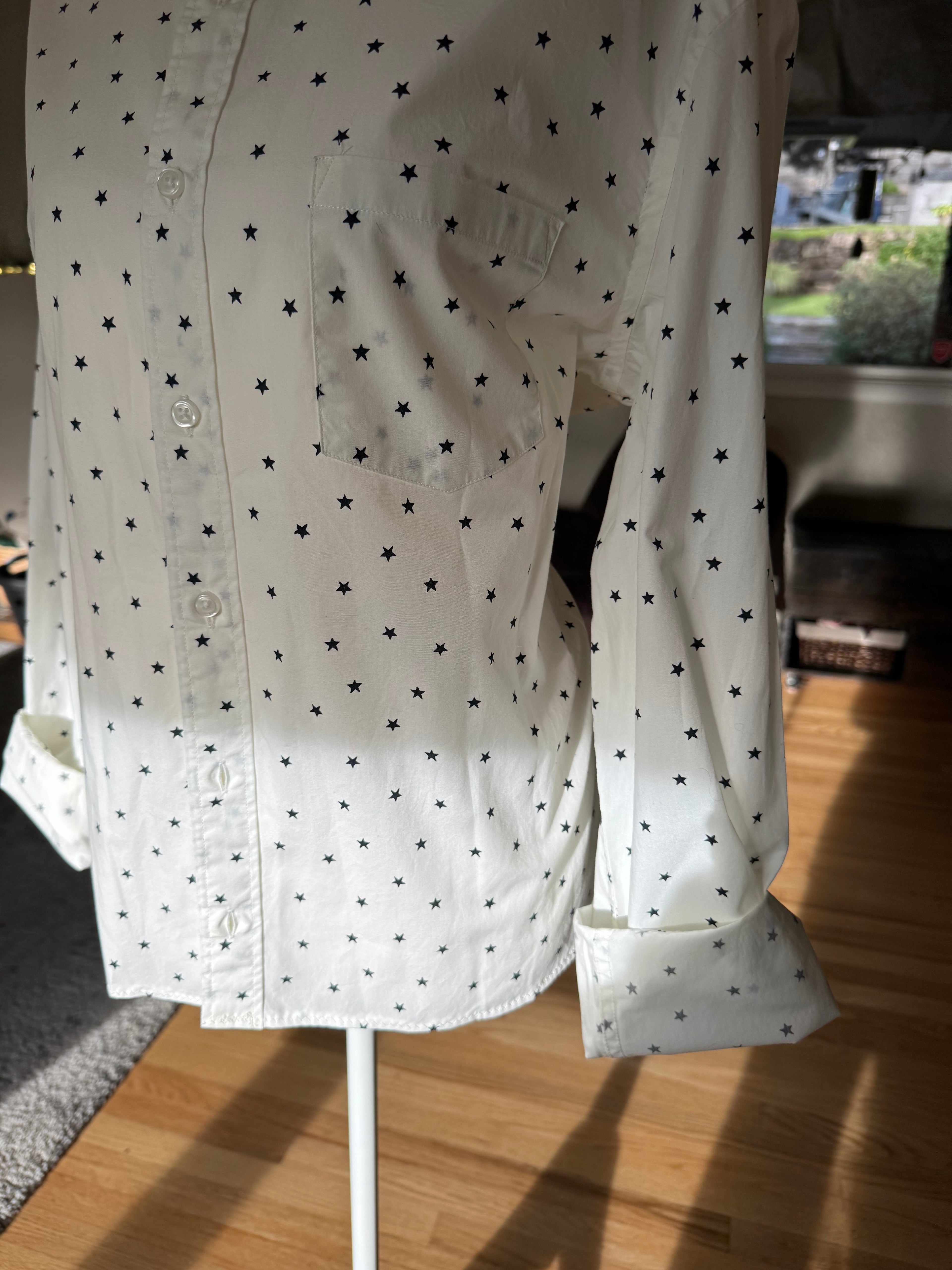 SOLD Carly - J Crew Upcycled Mens Ruffle Shirt -Cream with Black Stars - size M/L