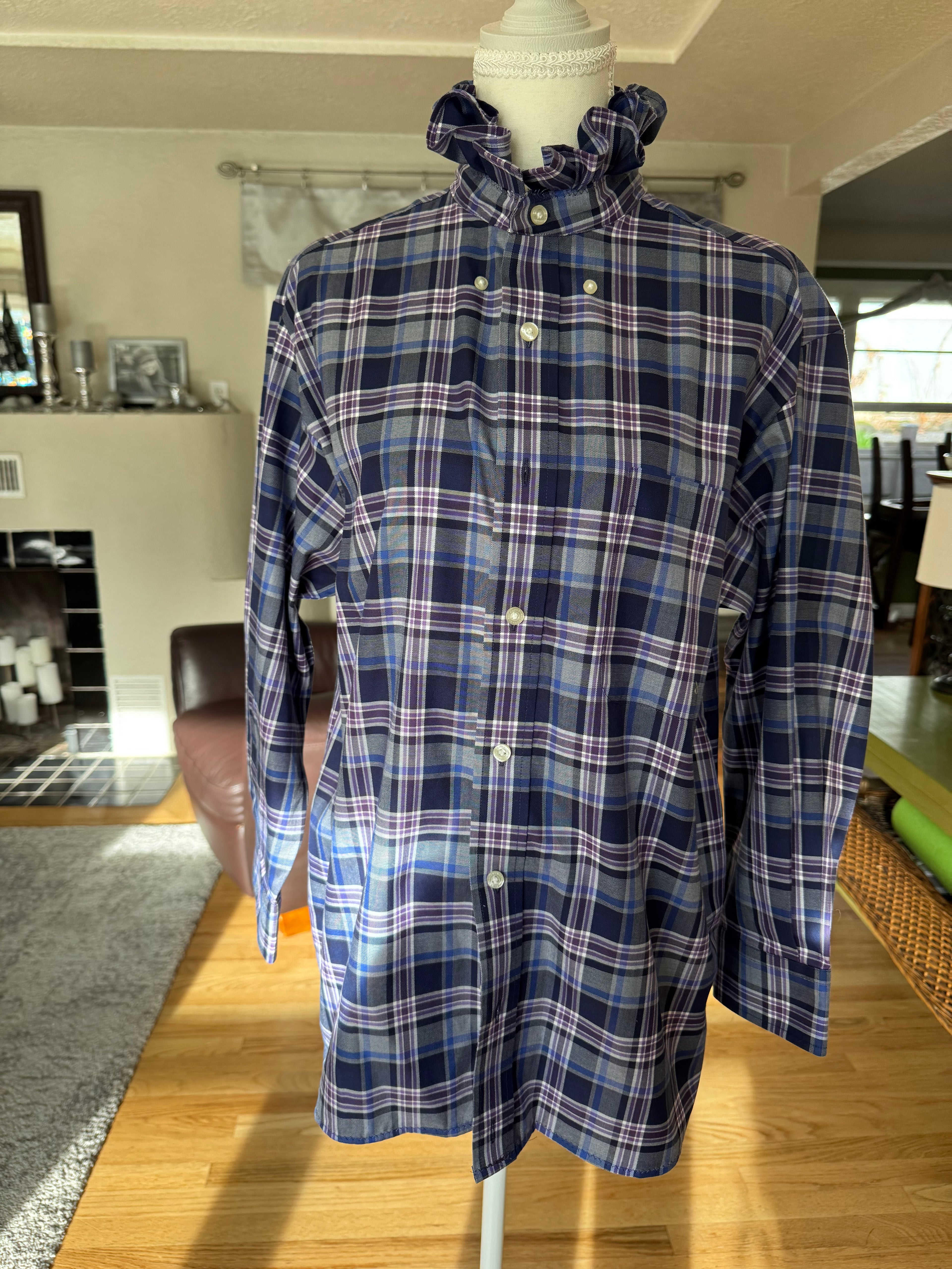 SOLD Anne - Hathaway Mens Upcycled Ruffle Shirt - Navy and Purple Plaid - size M/L