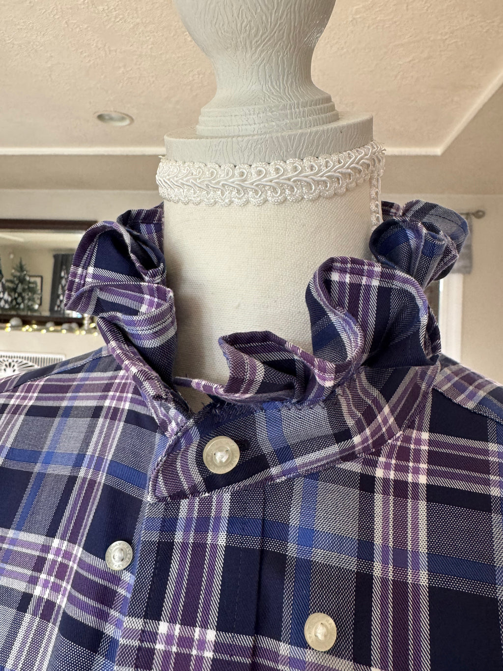 SOLD Anne - Hathaway Mens Upcycled Ruffle Shirt - Navy and Purple Plaid - size M/L