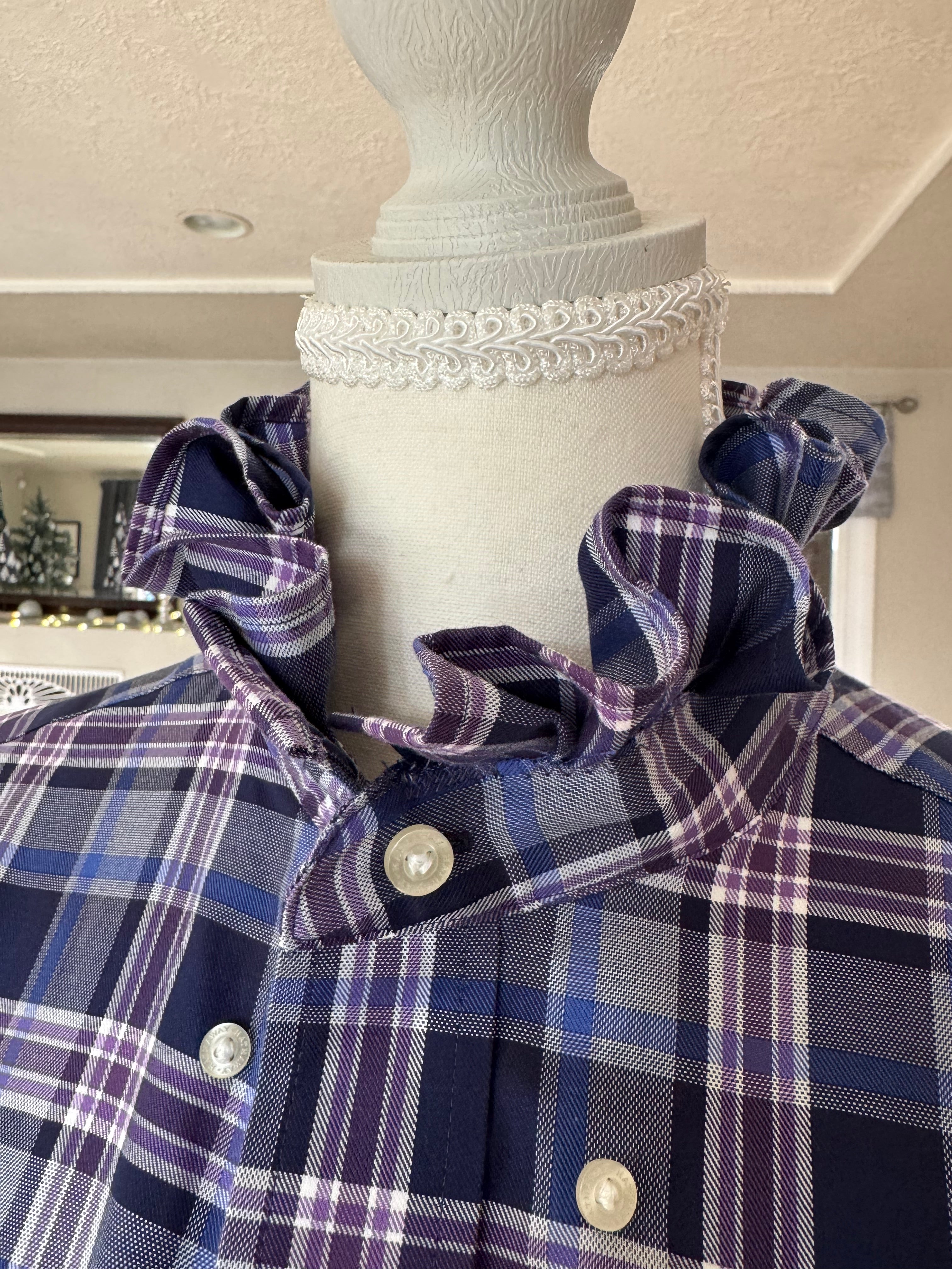 SOLD Anne - Hathaway Mens Upcycled Ruffle Shirt - Navy and Purple Plaid - size M/L