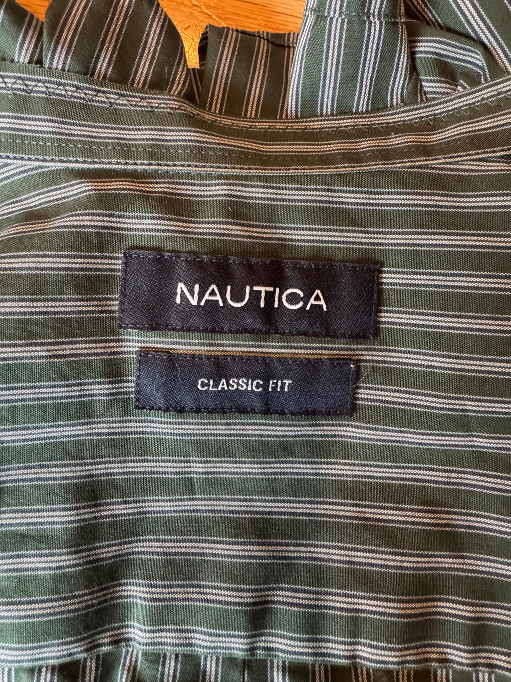 Florence - Nautica Mens Upcycled Ruffle Shirt - Forest Green Stripe - size Medium