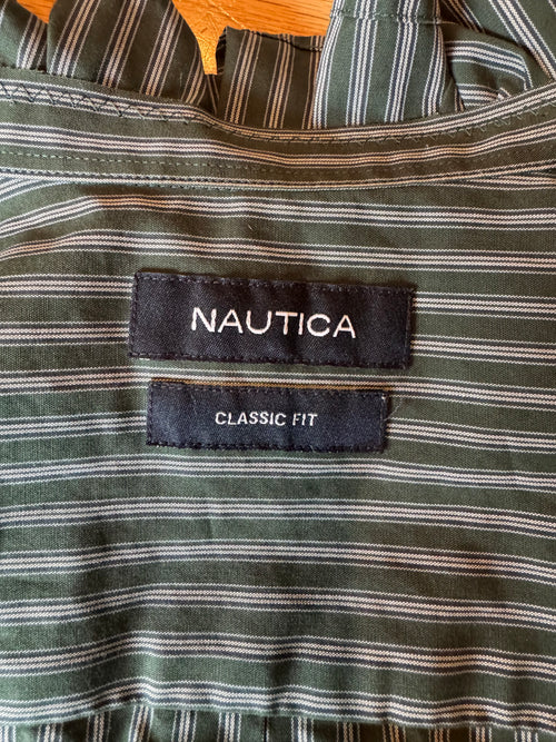 Florence - Nautica Mens Upcycled Ruffle Shirt - Forest Green Stripe - size Medium