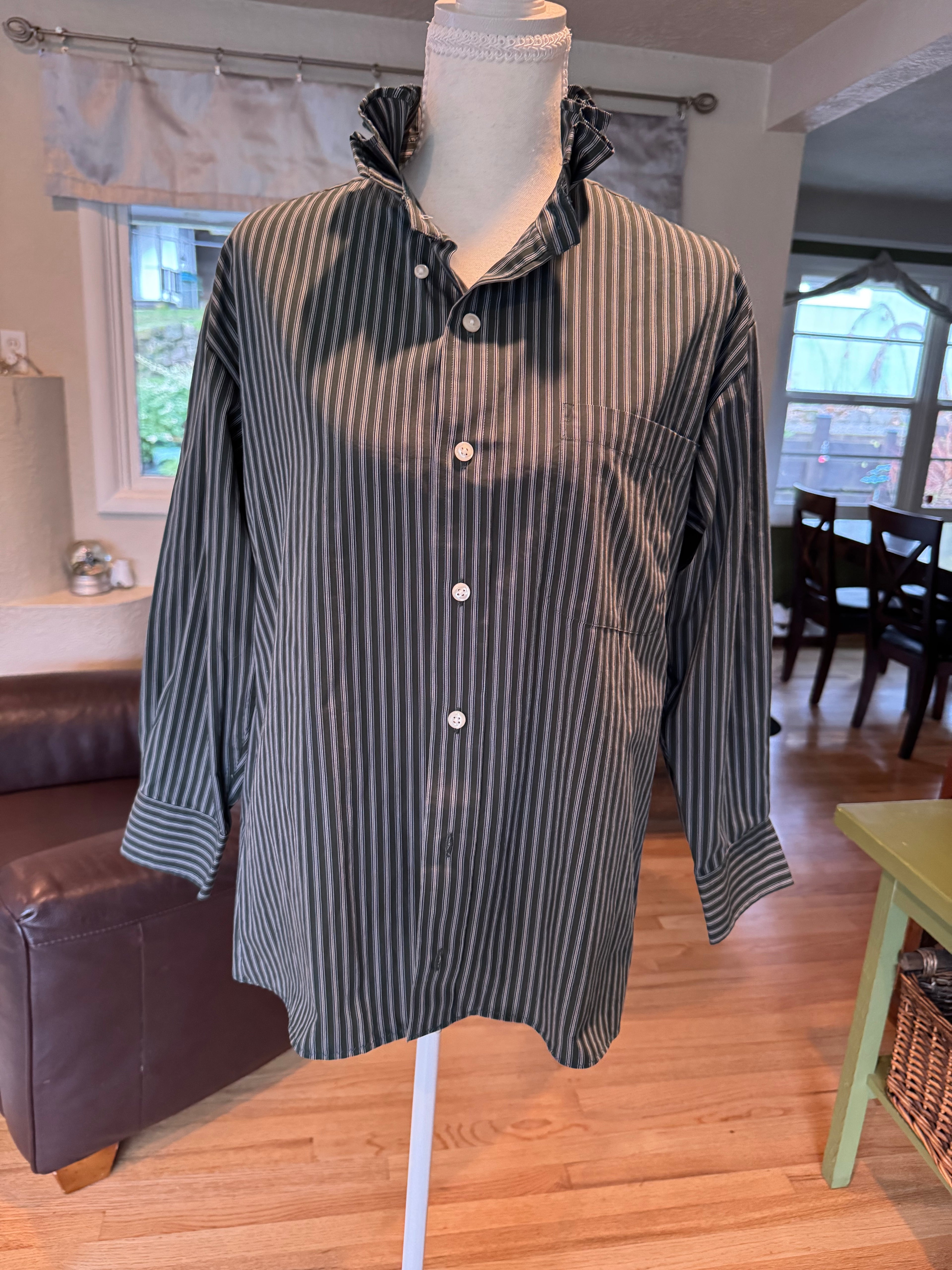 Florence - Nautica Mens Upcycled Ruffle Shirt - Forest Green Stripe - size Medium