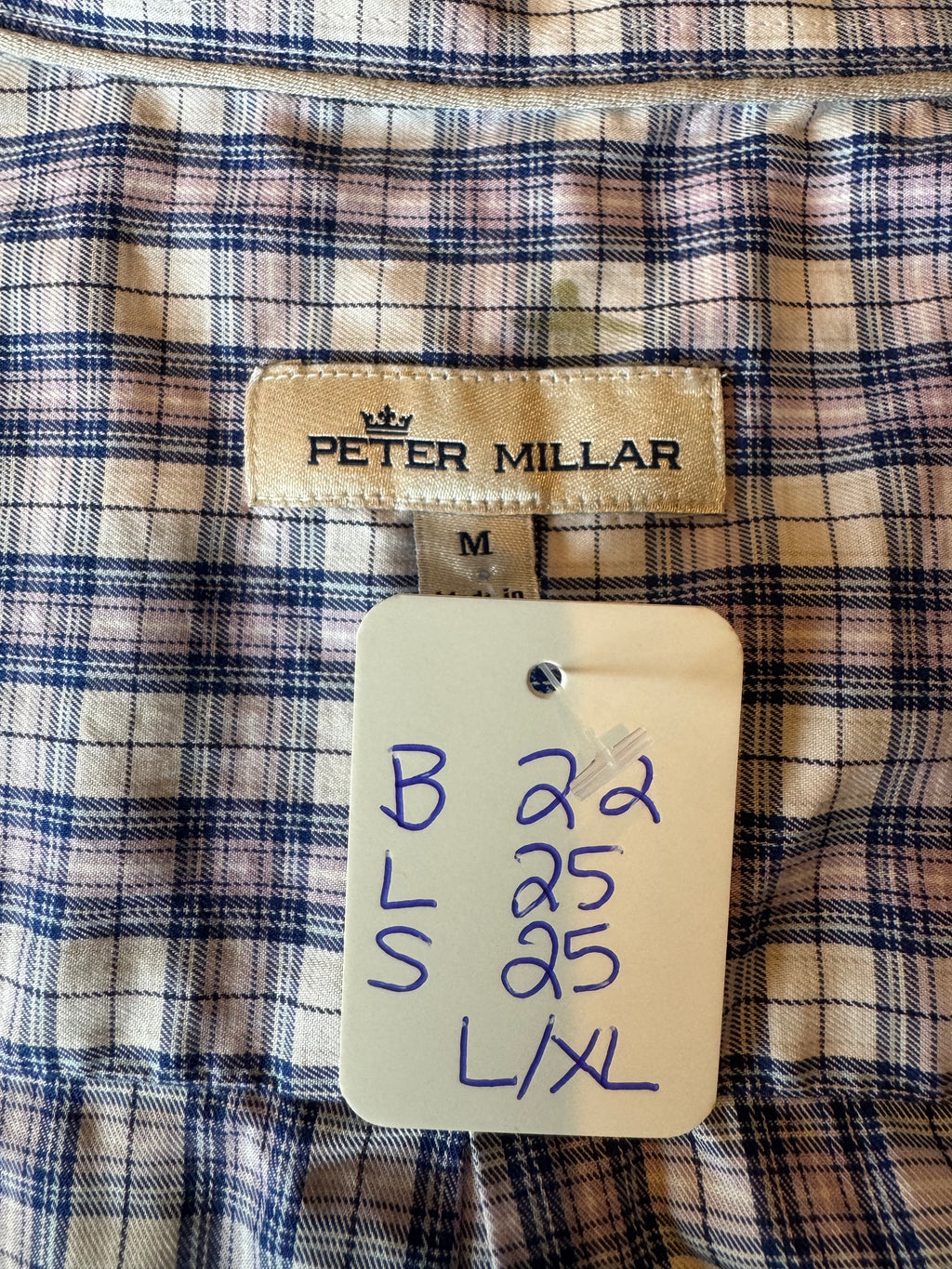 Roberta- Peter Millar Upcycled Mens Shirt - Lavendar Plaid - size Large/Extra large