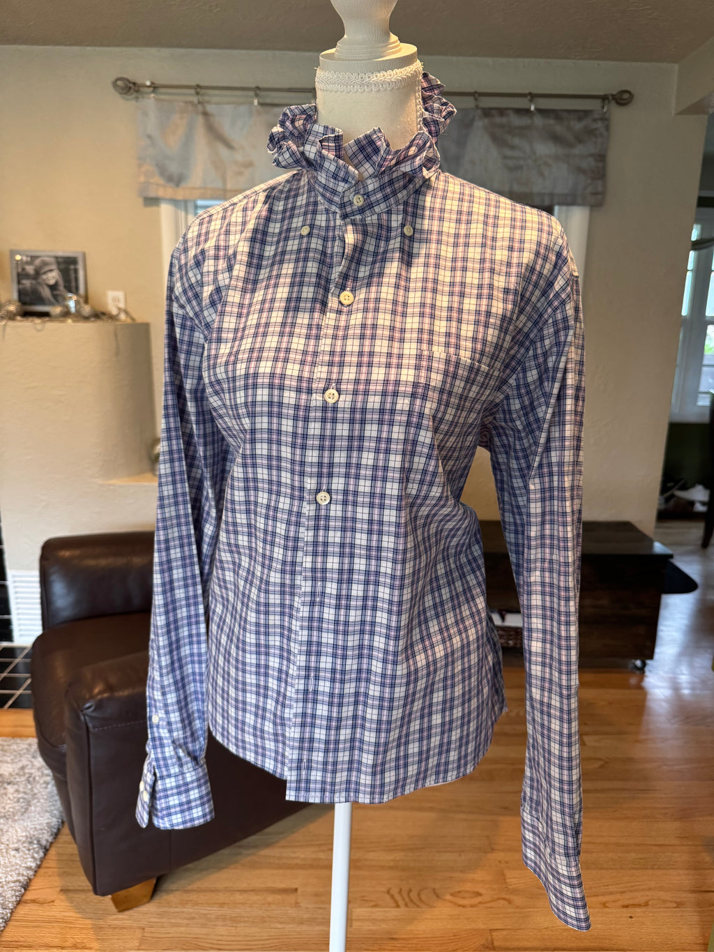 Roberta- Peter Millar Upcycled Mens Shirt - Lavendar Plaid - size Large/Extra large