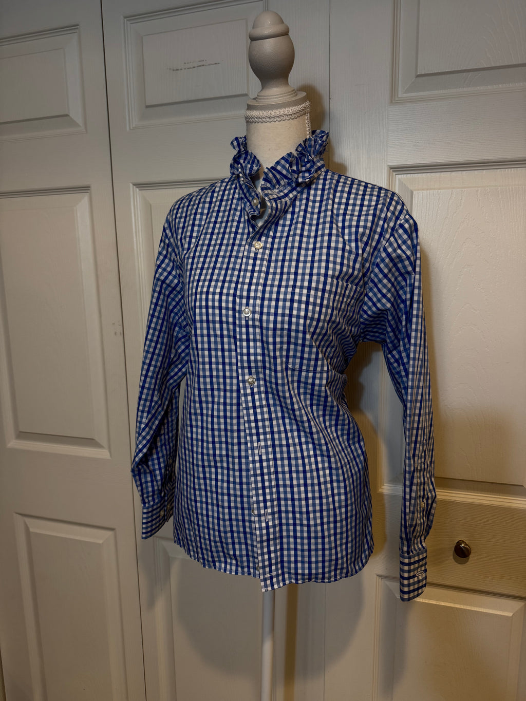 SOLD Ava - Lands End Mens Upcycled Ruffle Shirt - Blue Plaid - Size Small/Medium