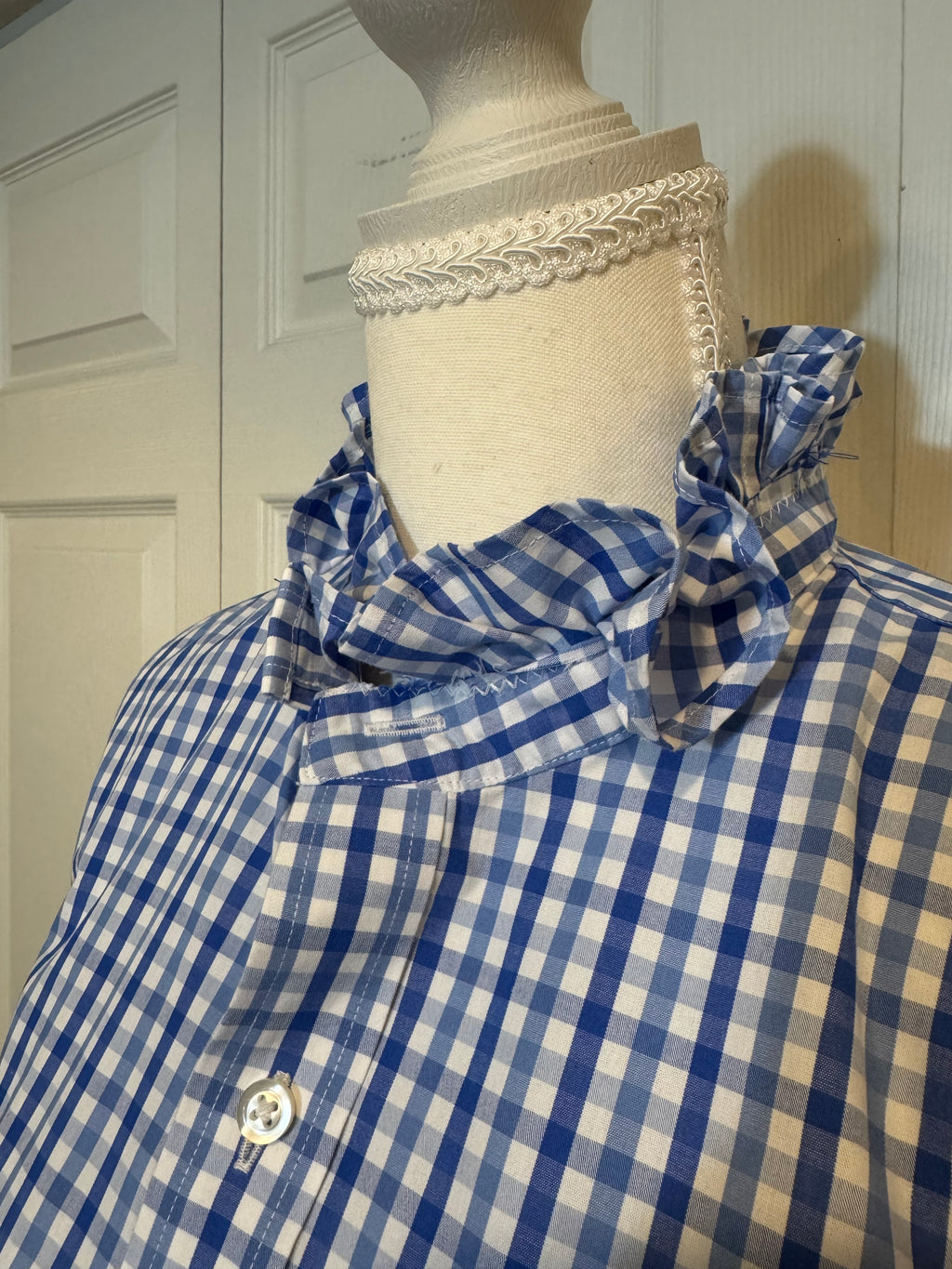 SOLD Ava - Lands End Mens Upcycled Ruffle Shirt - Blue Plaid - Size Small/Medium