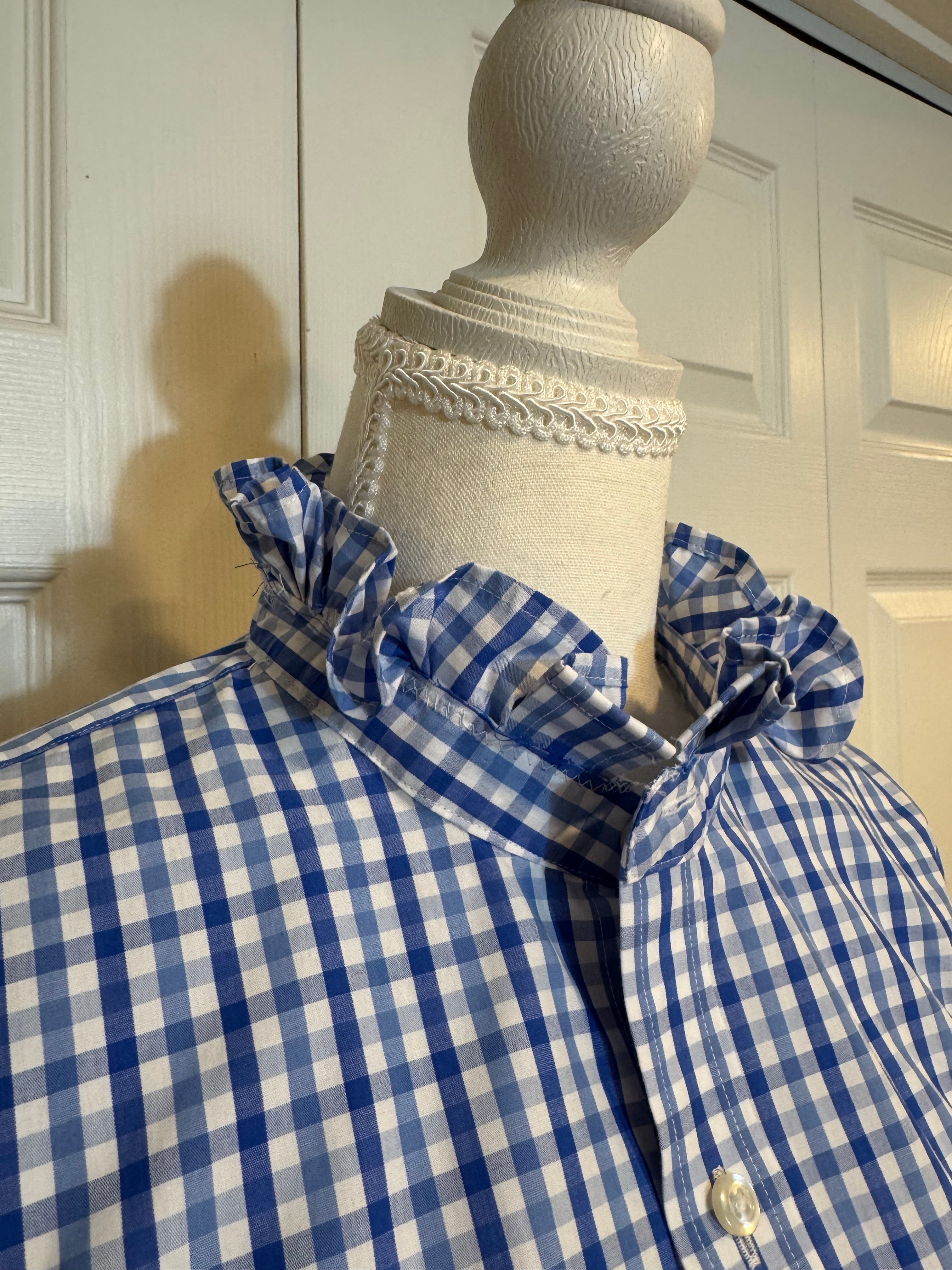 SOLD Ava - Lands End Mens Upcycled Ruffle Shirt - Blue Plaid - Size Small/Medium