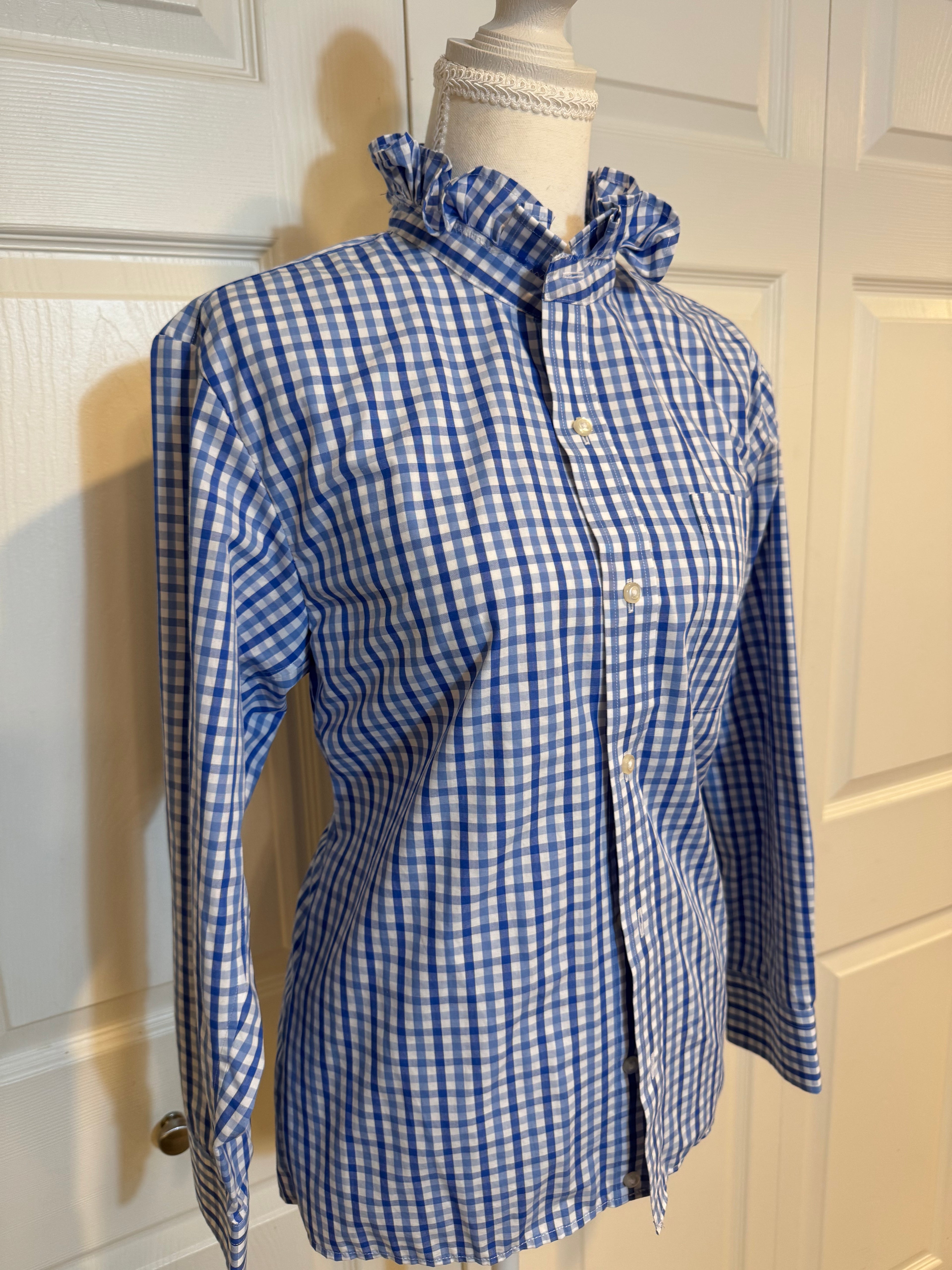SOLD Ava - Lands End Mens Upcycled Ruffle Shirt - Blue Plaid - Size Small/Medium
