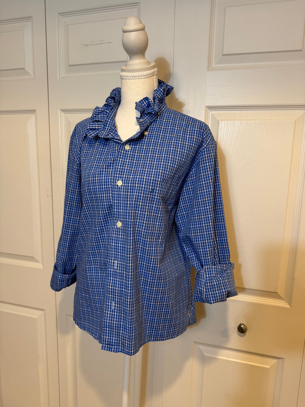 SOLD Hazel - Nautica Mens Upcycled Ruffle Shirt - Blue Plaid - Size Medium