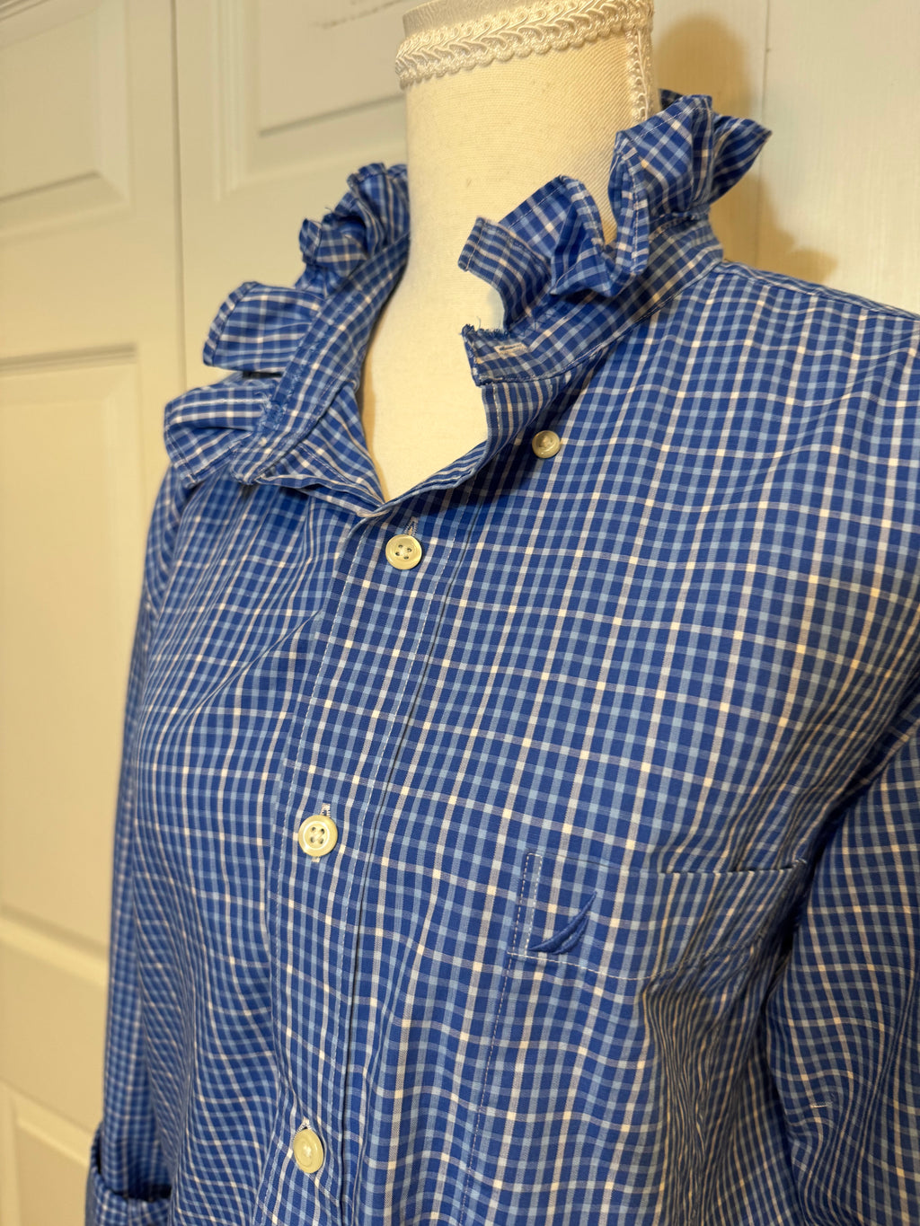 SOLD Hazel - Nautica Mens Upcycled Ruffle Shirt - Blue Plaid - Size Medium