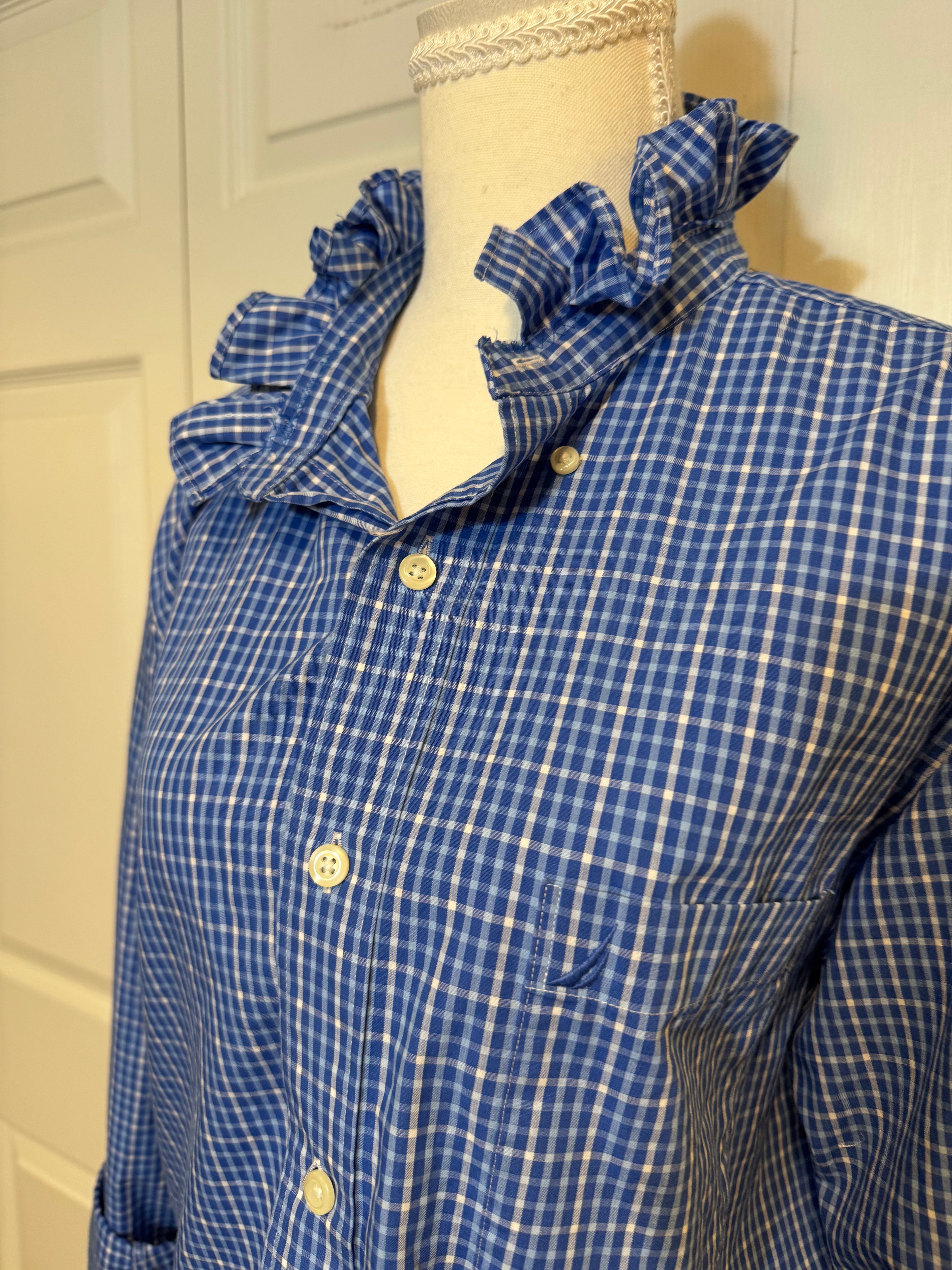 SOLD Hazel - Nautica Mens Upcycled Ruffle Shirt - Blue Plaid - Size Medium