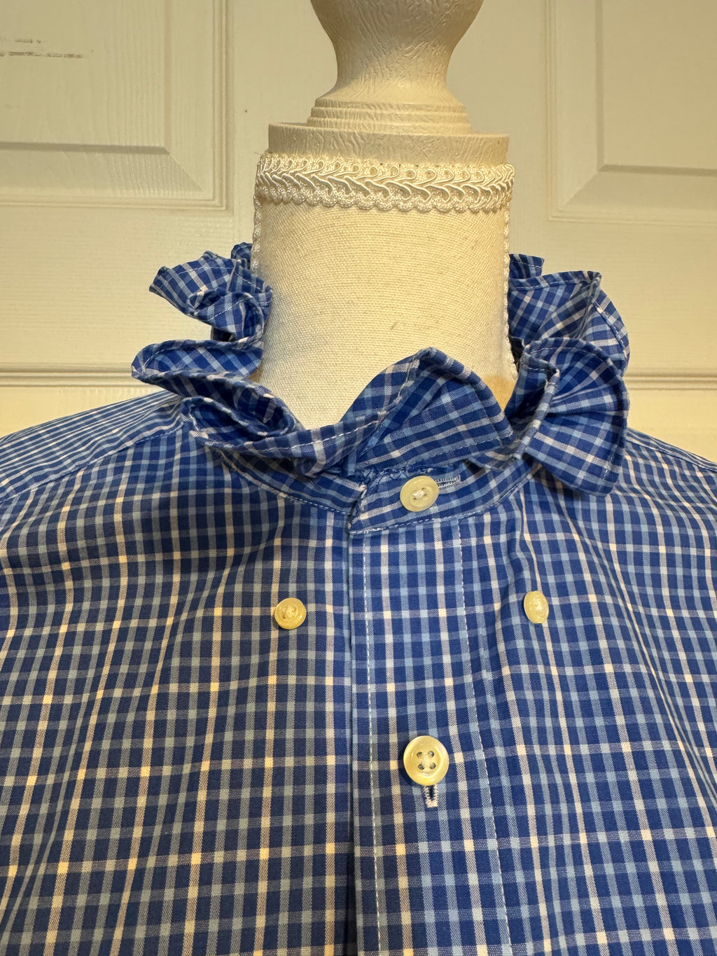 SOLD Hazel - Nautica Mens Upcycled Ruffle Shirt - Blue Plaid - Size Medium