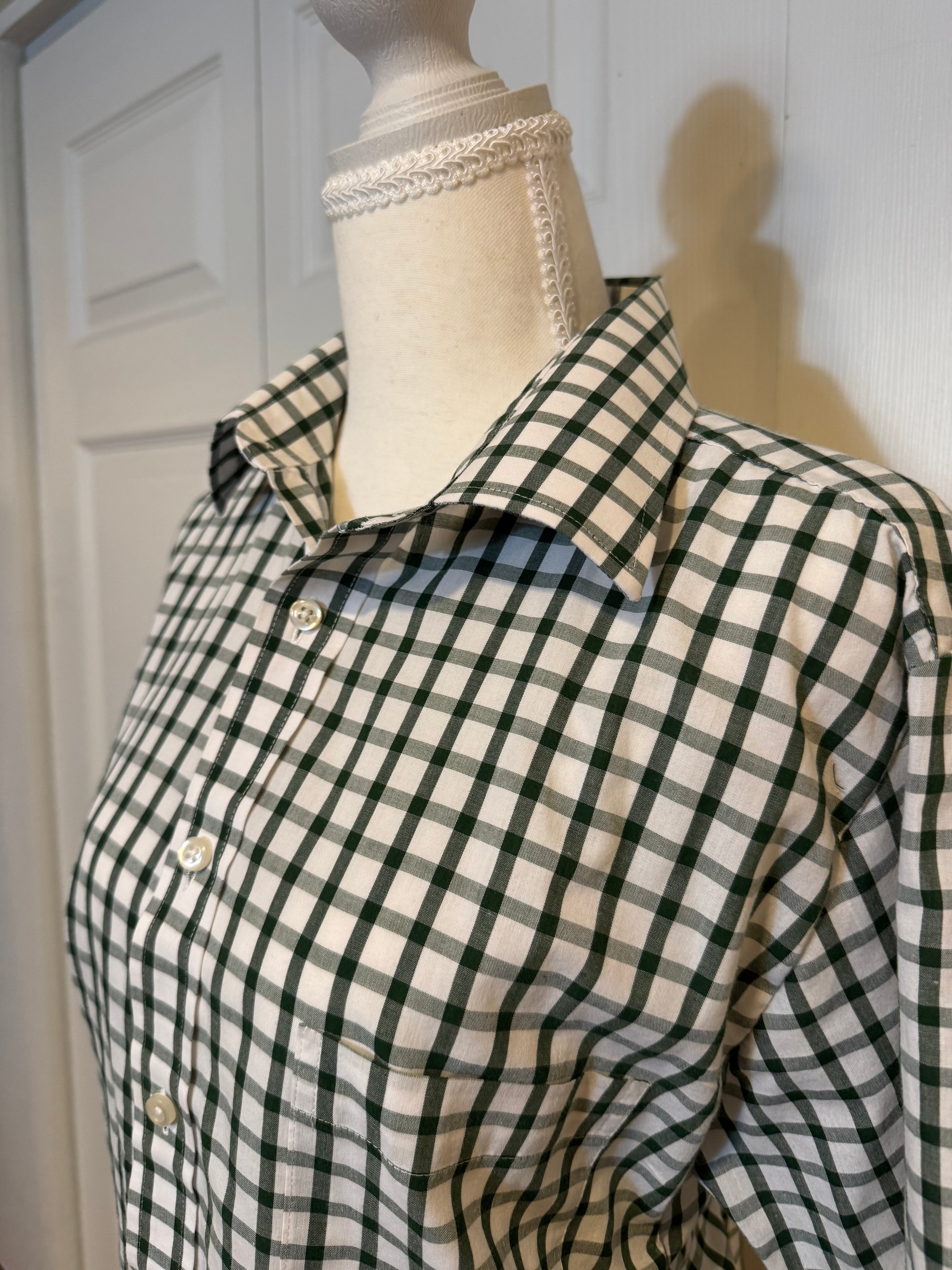 Lauren - Stafford Men's Upcycled Shirt - Ruffle sleeves, normal collar, dark green plaid size Medium