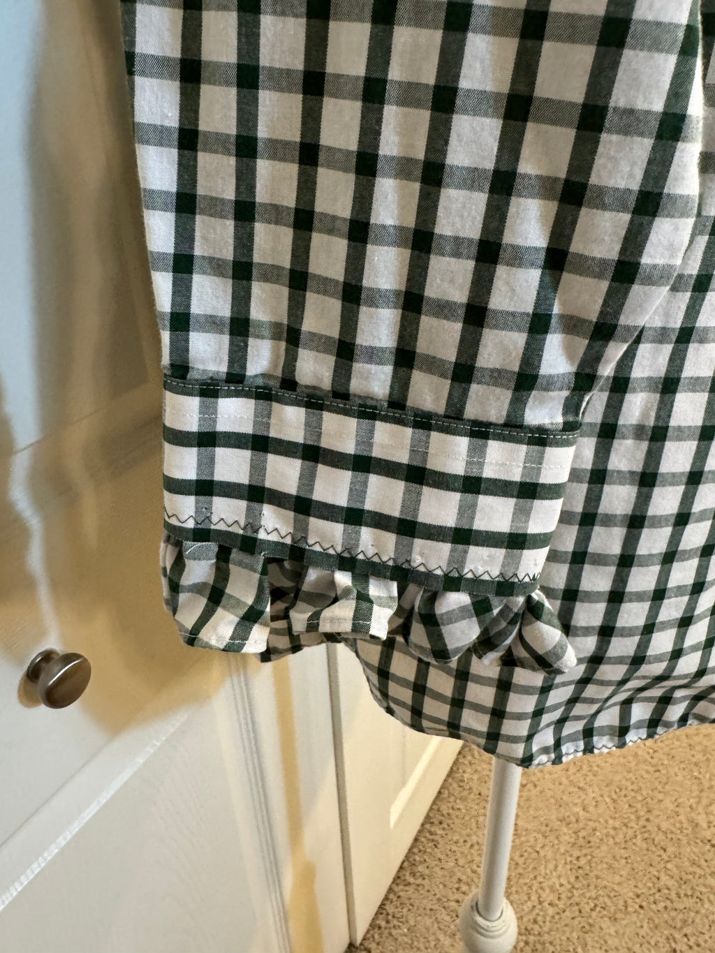 Lauren - Stafford Men's Upcycled Shirt - Ruffle sleeves, normal collar, dark green plaid size Medium