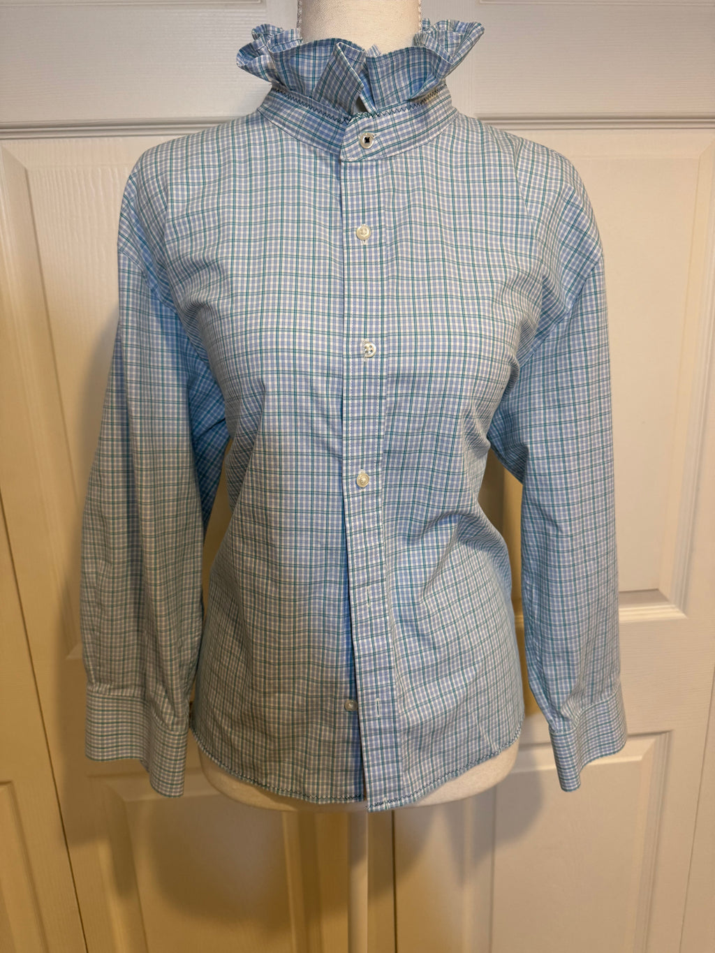 SOLD Halle - Nordstrom Mens Upcycled Ruffle Shirt - light blue and forest green plaid - size Medium