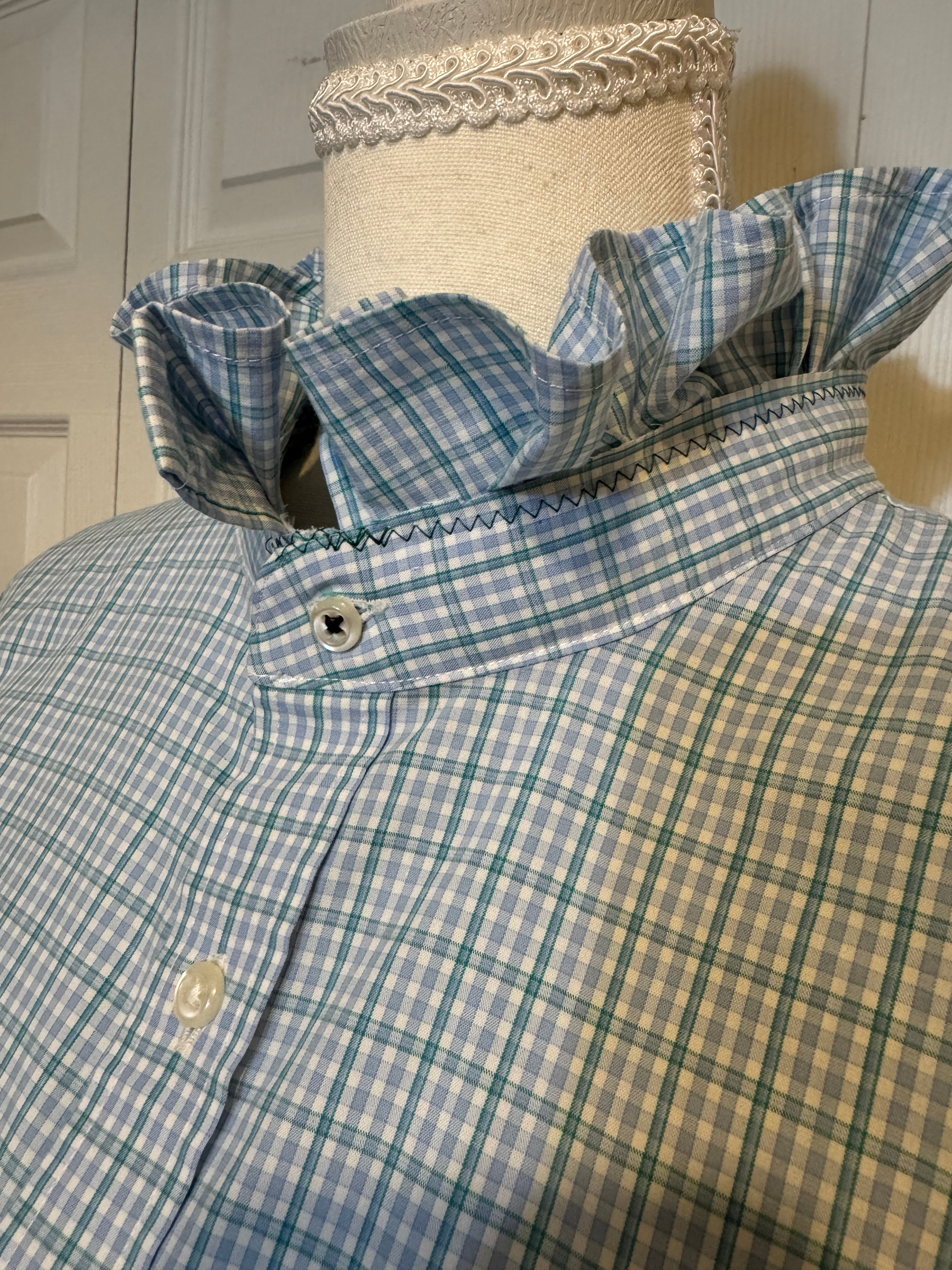 SOLD Halle - Nordstrom Mens Upcycled Ruffle Shirt - light blue and forest green plaid - size Medium