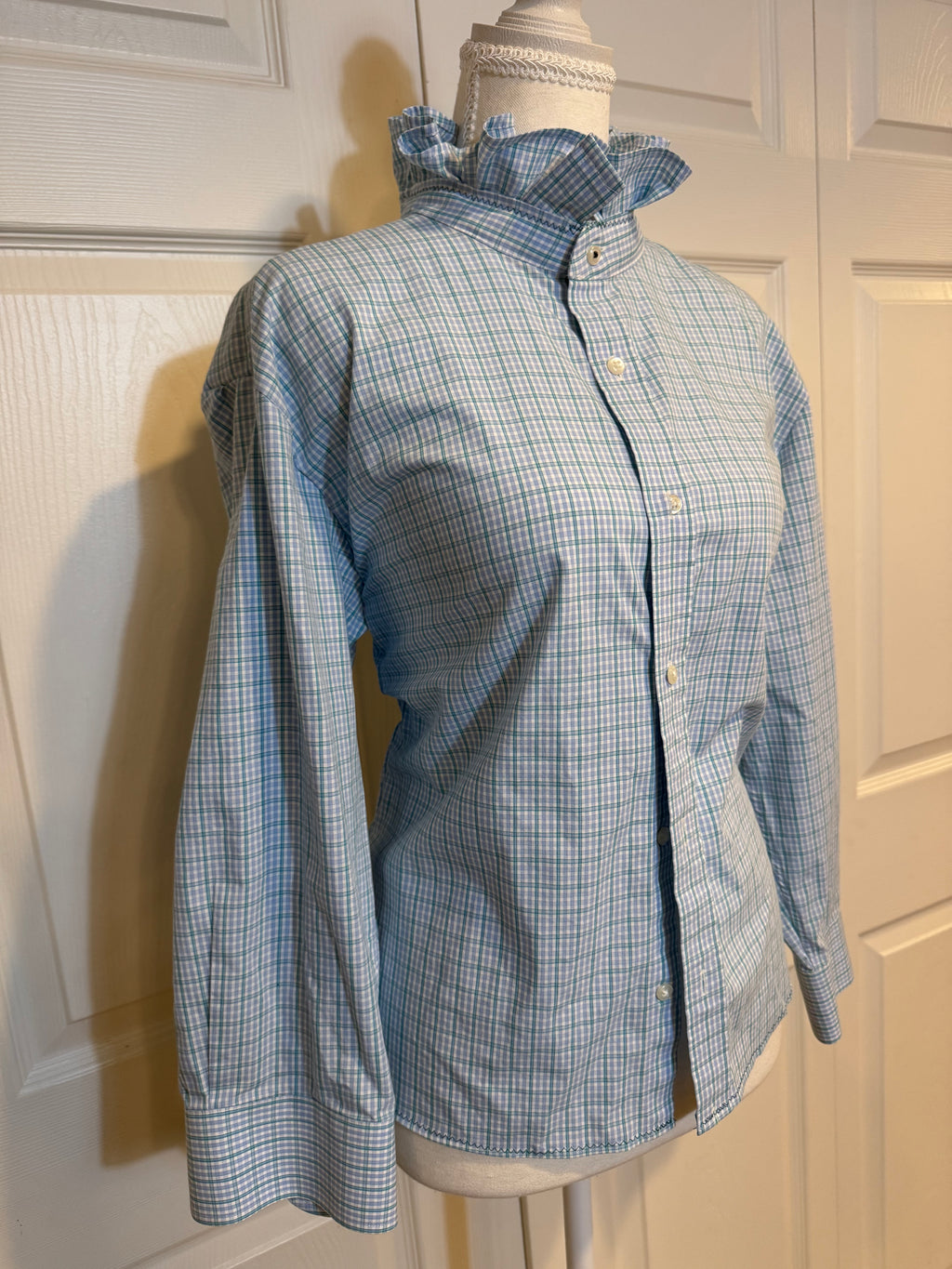 SOLD Halle - Nordstrom Mens Upcycled Ruffle Shirt - light blue and forest green plaid - size Medium