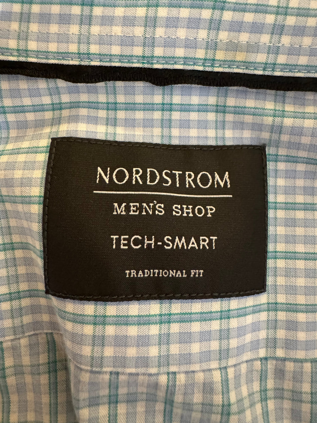 SOLD Halle - Nordstrom Mens Upcycled Ruffle Shirt - light blue and forest green plaid - size Medium