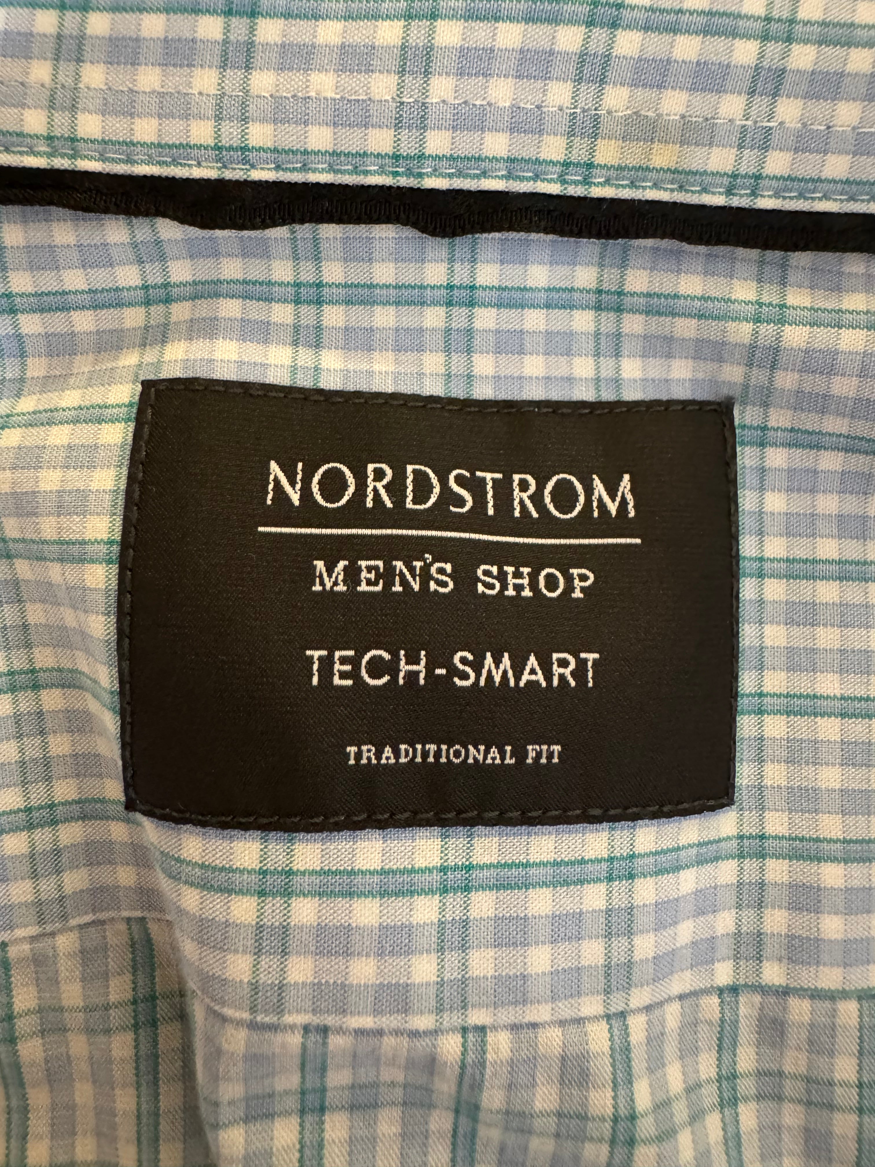 SOLD Halle - Nordstrom Mens Upcycled Ruffle Shirt - light blue and forest green plaid - size Medium