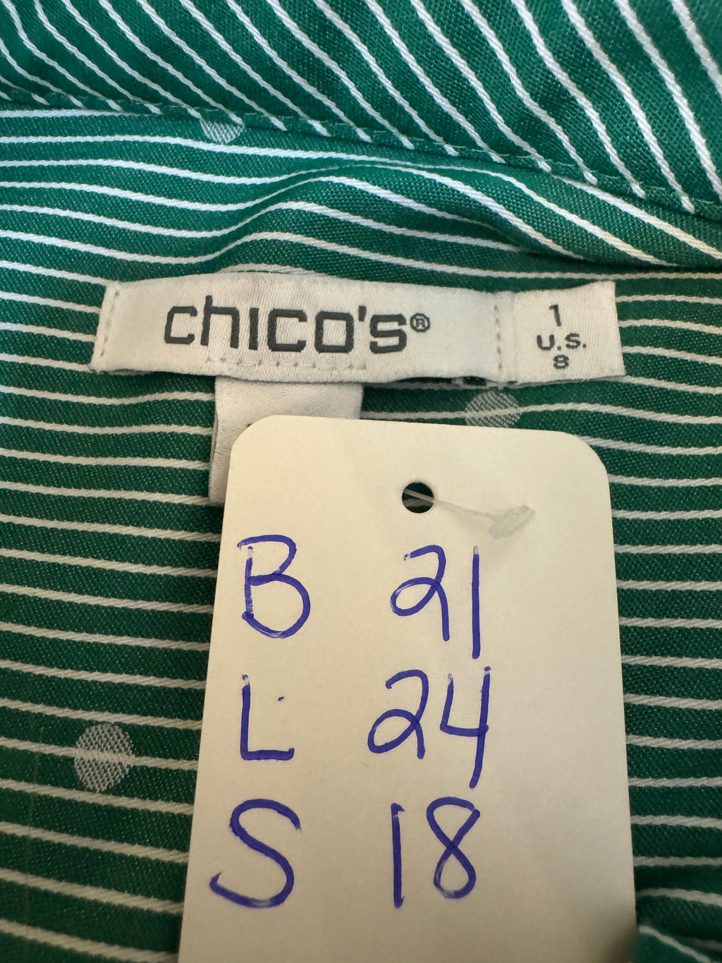 SOLD Sheila - Women's Upcycled Shirt - Chicos Green Striped size Medium/Large