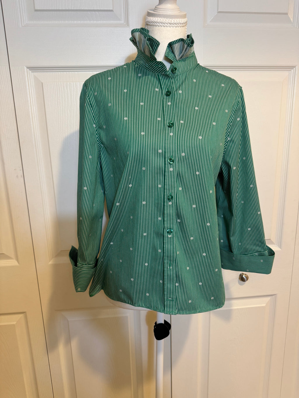 SOLD Sheila - Women's Upcycled Shirt - Chicos Green Striped size Medium/Large