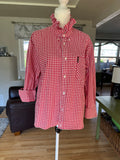 SOLD Hattie - Ben Sherman Upcycled Men's Ruffle Shirt - Red Gingham - size S/M