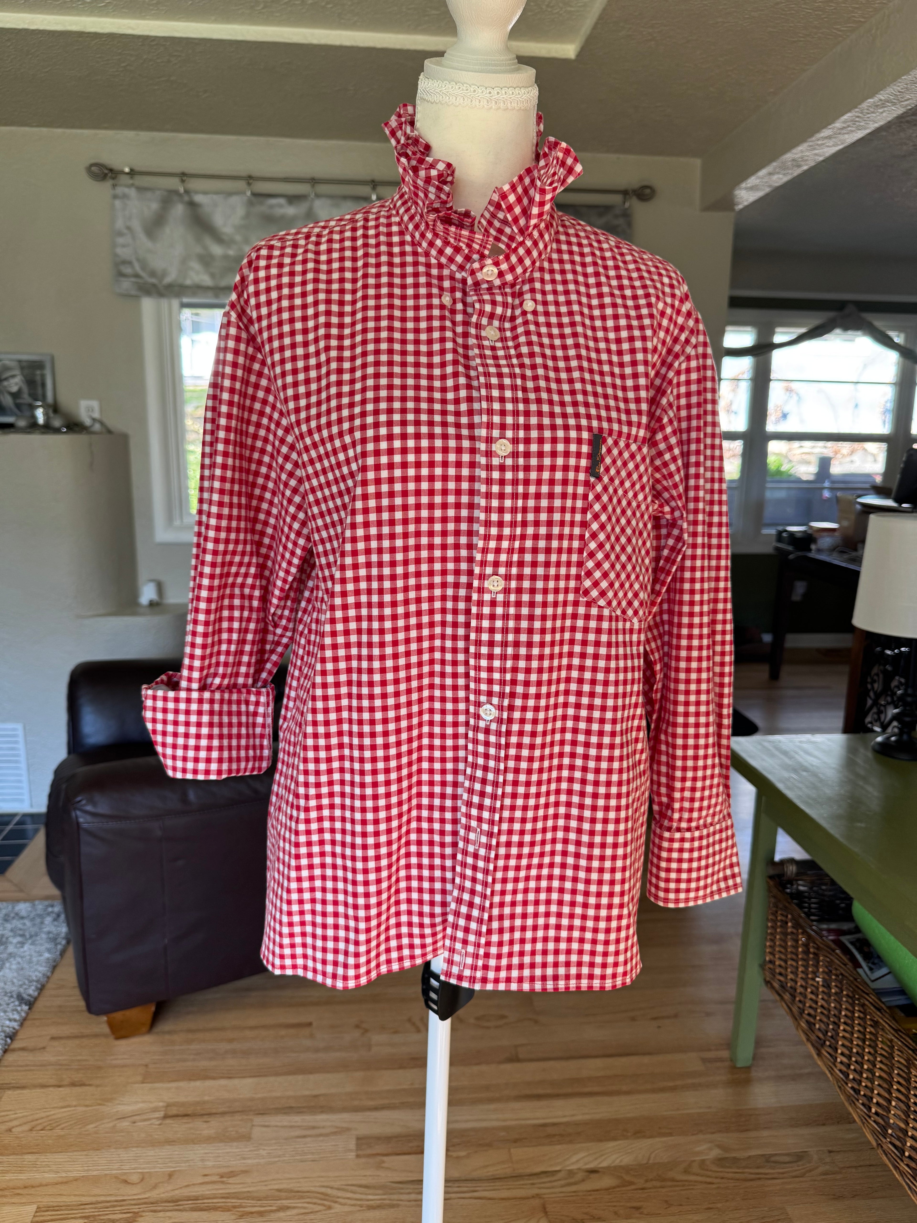 SOLD Hattie - Ben Sherman Upcycled Men's Ruffle Shirt - Red Gingham - size S/M