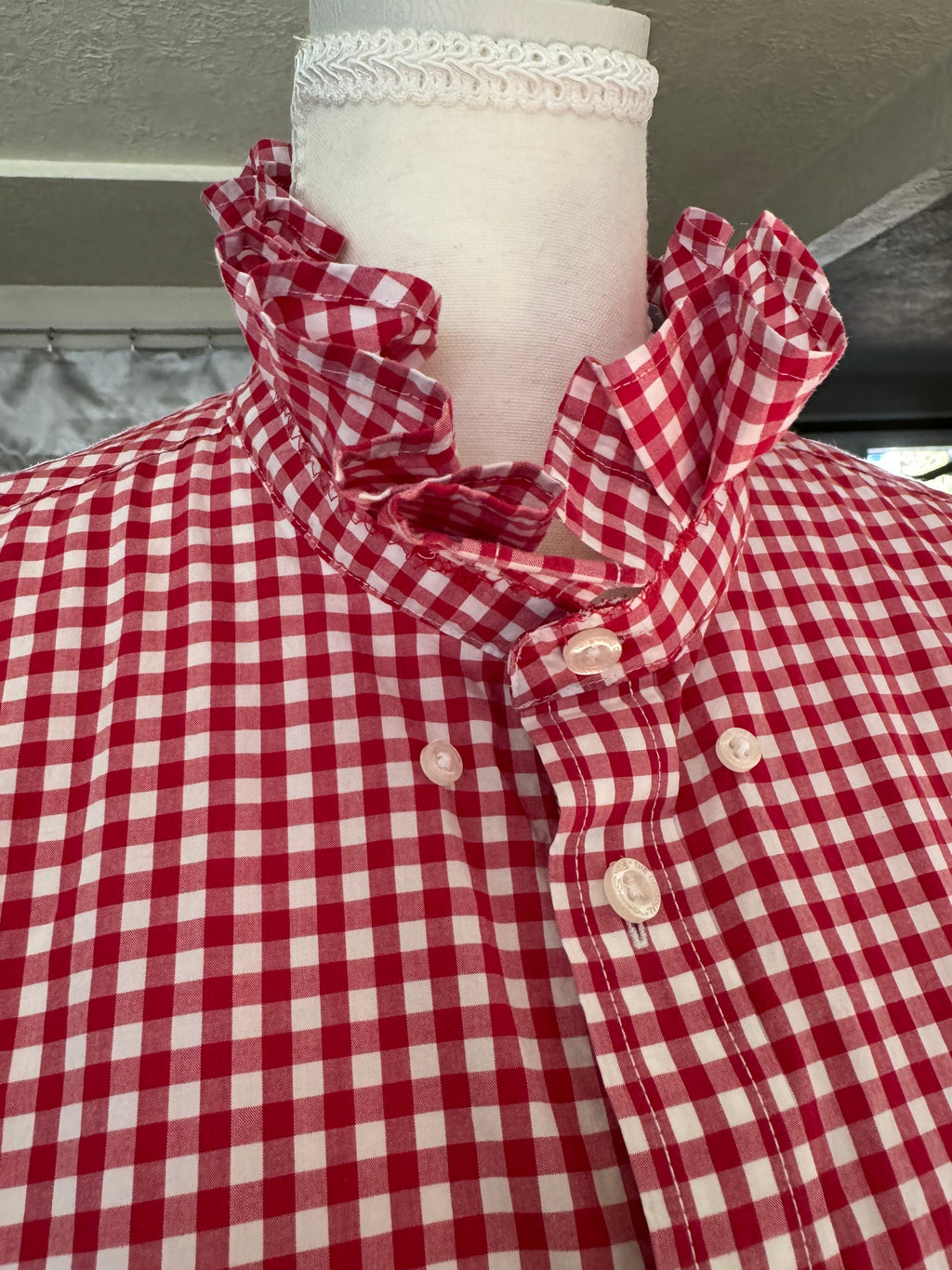 SOLD Hattie - Ben Sherman Upcycled Men's Ruffle Shirt - Red Gingham - size S/M
