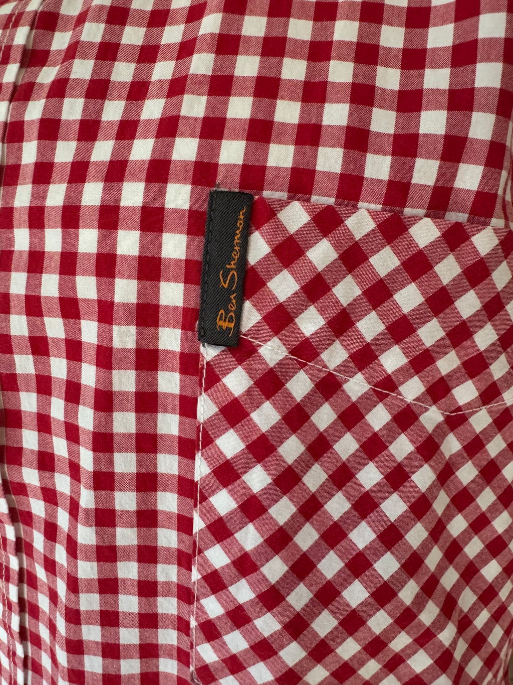 SOLD Hattie - Ben Sherman Upcycled Men's Ruffle Shirt - Red Gingham - size S/M