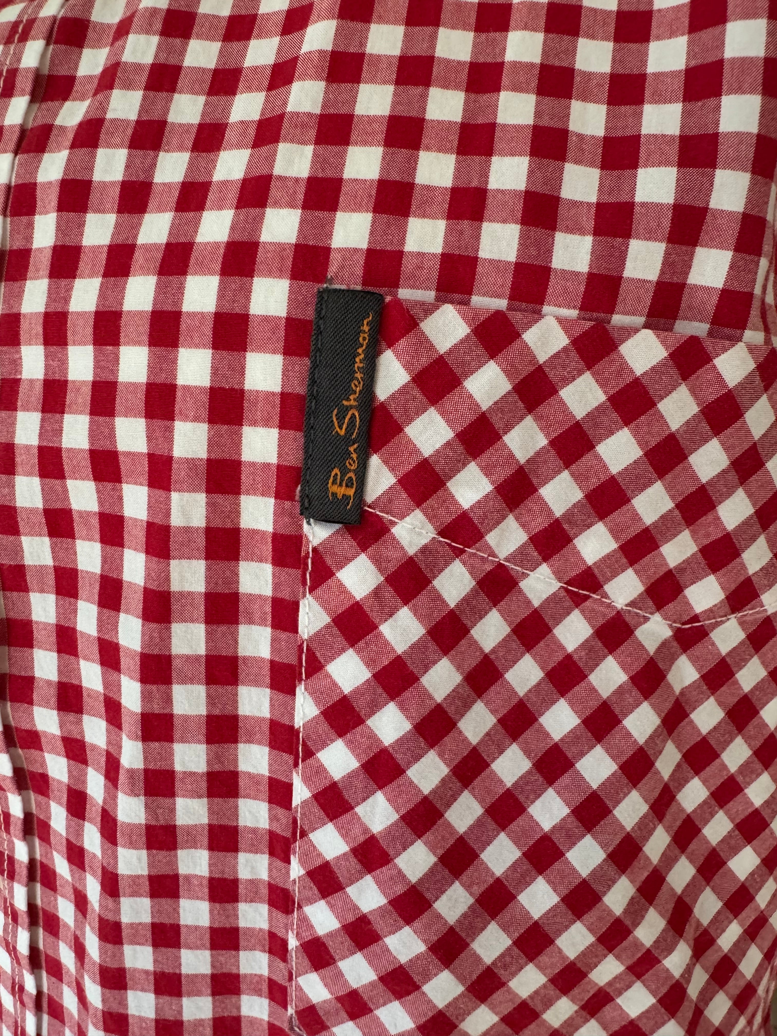 SOLD Hattie - Ben Sherman Upcycled Men's Ruffle Shirt - Red Gingham - size S/M