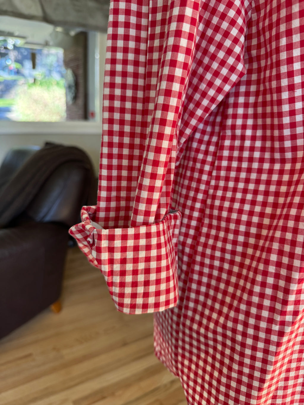 SOLD Hattie - Ben Sherman Upcycled Men's Ruffle Shirt - Red Gingham - size S/M