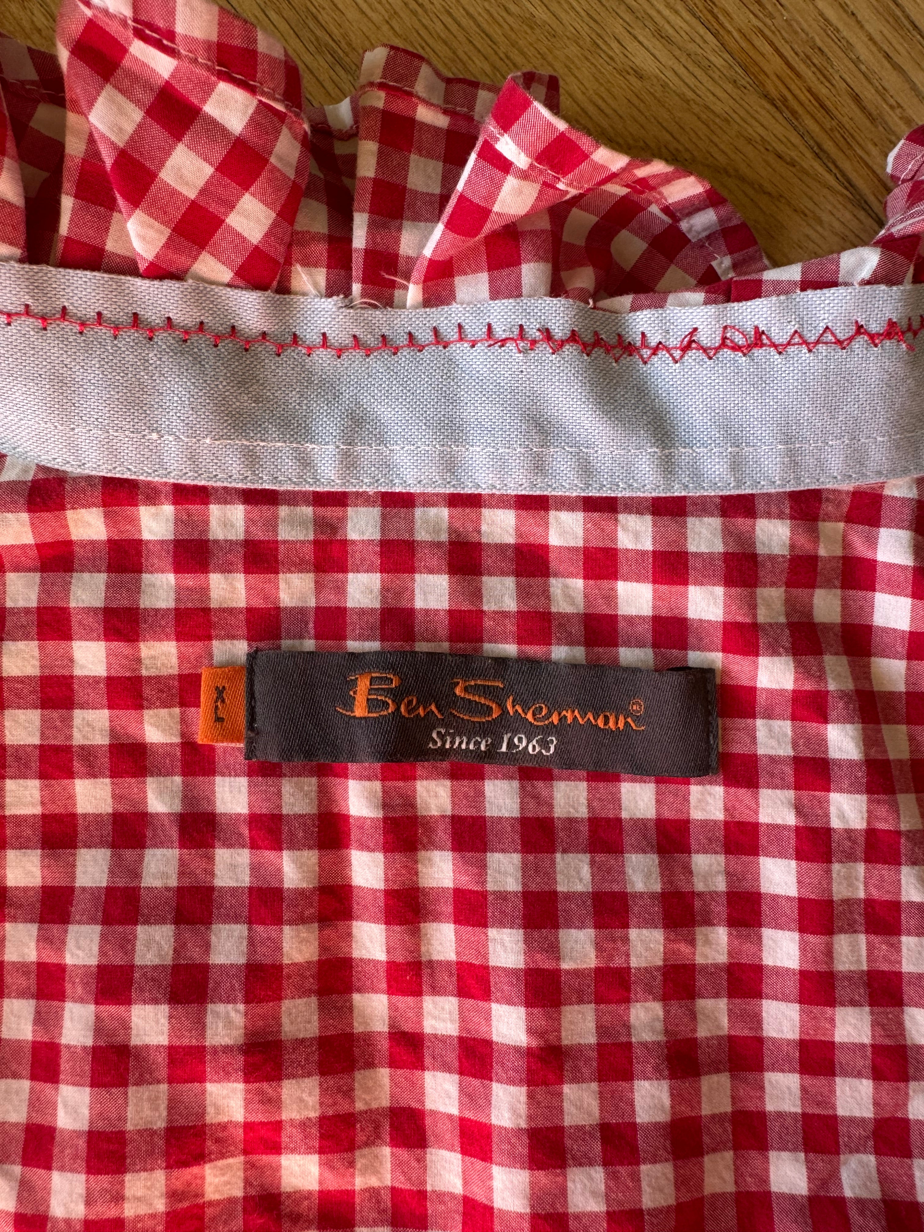 SOLD Hattie - Ben Sherman Upcycled Men's Ruffle Shirt - Red Gingham - size S/M