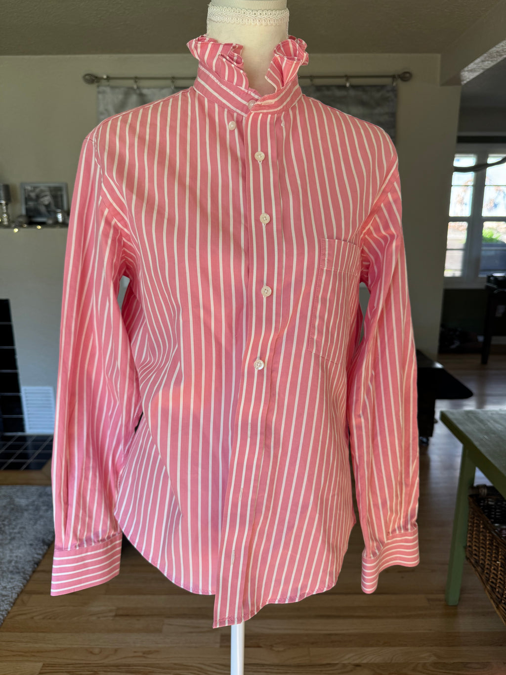 SOLD Drew - Maxwell's Upcycled Men's Shirt Ruffle Shirt - Pink and White Stripes - M