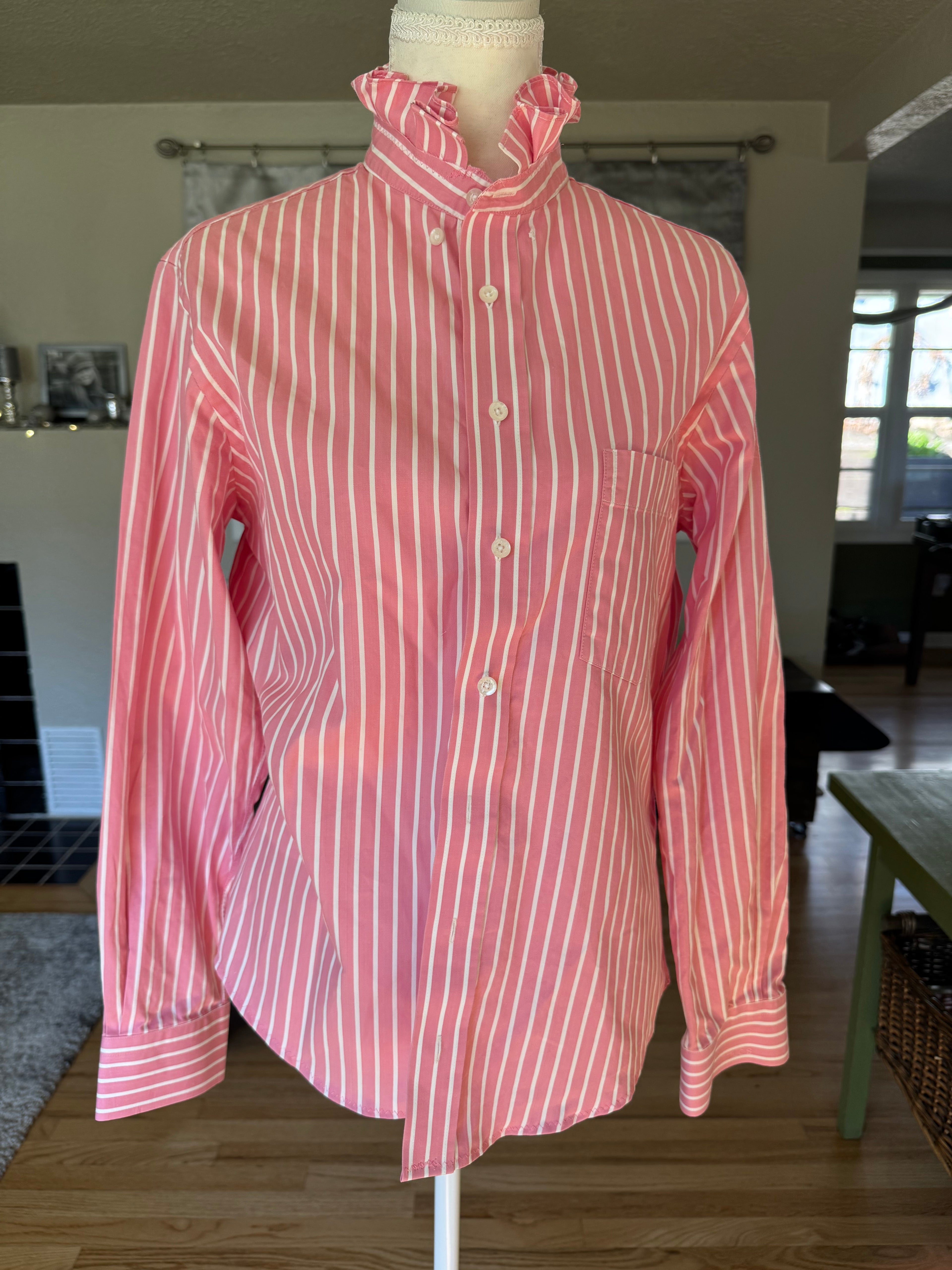 SOLD Drew - Maxwell's Upcycled Men's Shirt Ruffle Shirt - Pink and White Stripes - M