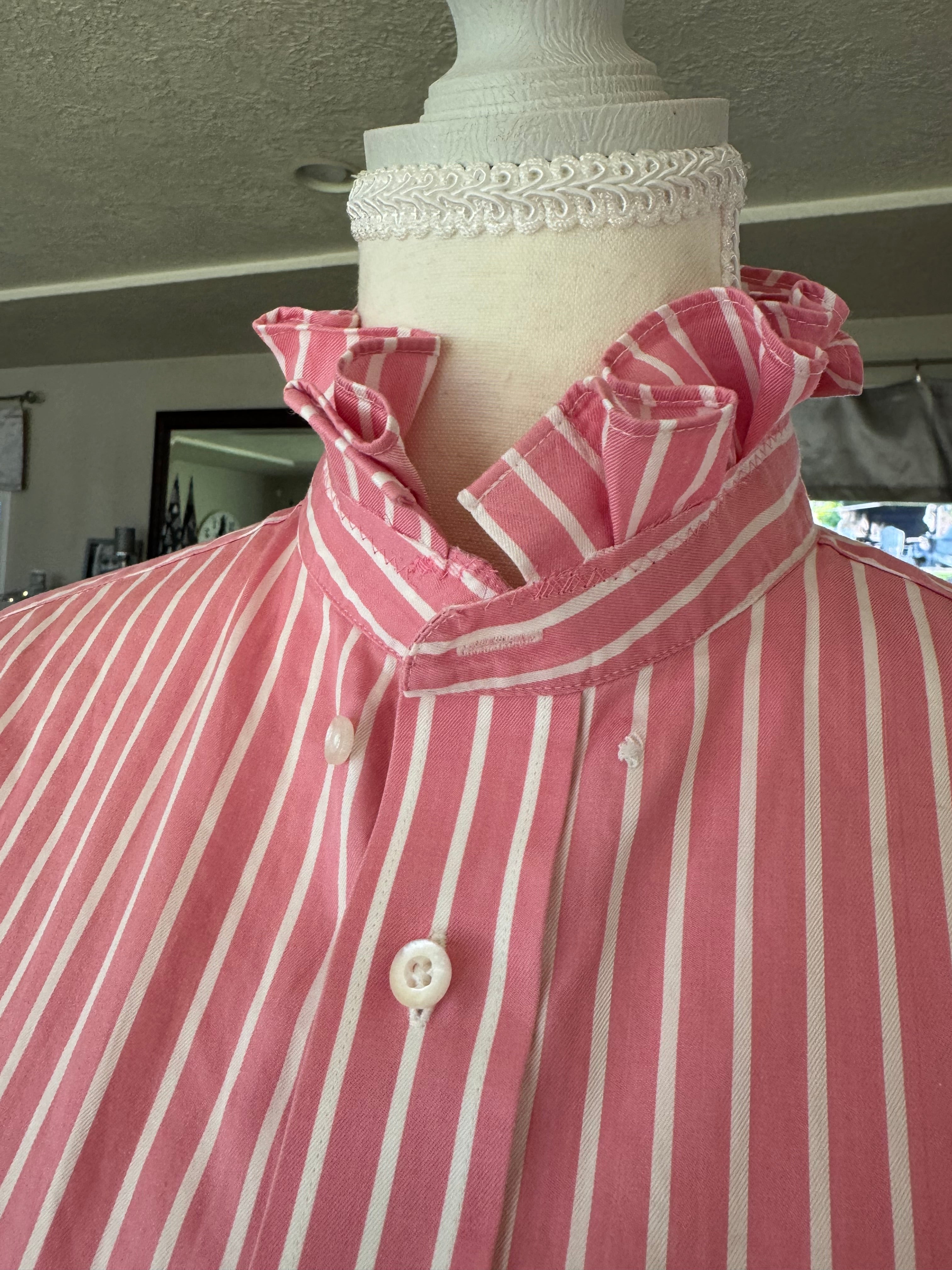 SOLD Drew - Maxwell's Upcycled Men's Shirt Ruffle Shirt - Pink and White Stripes - M